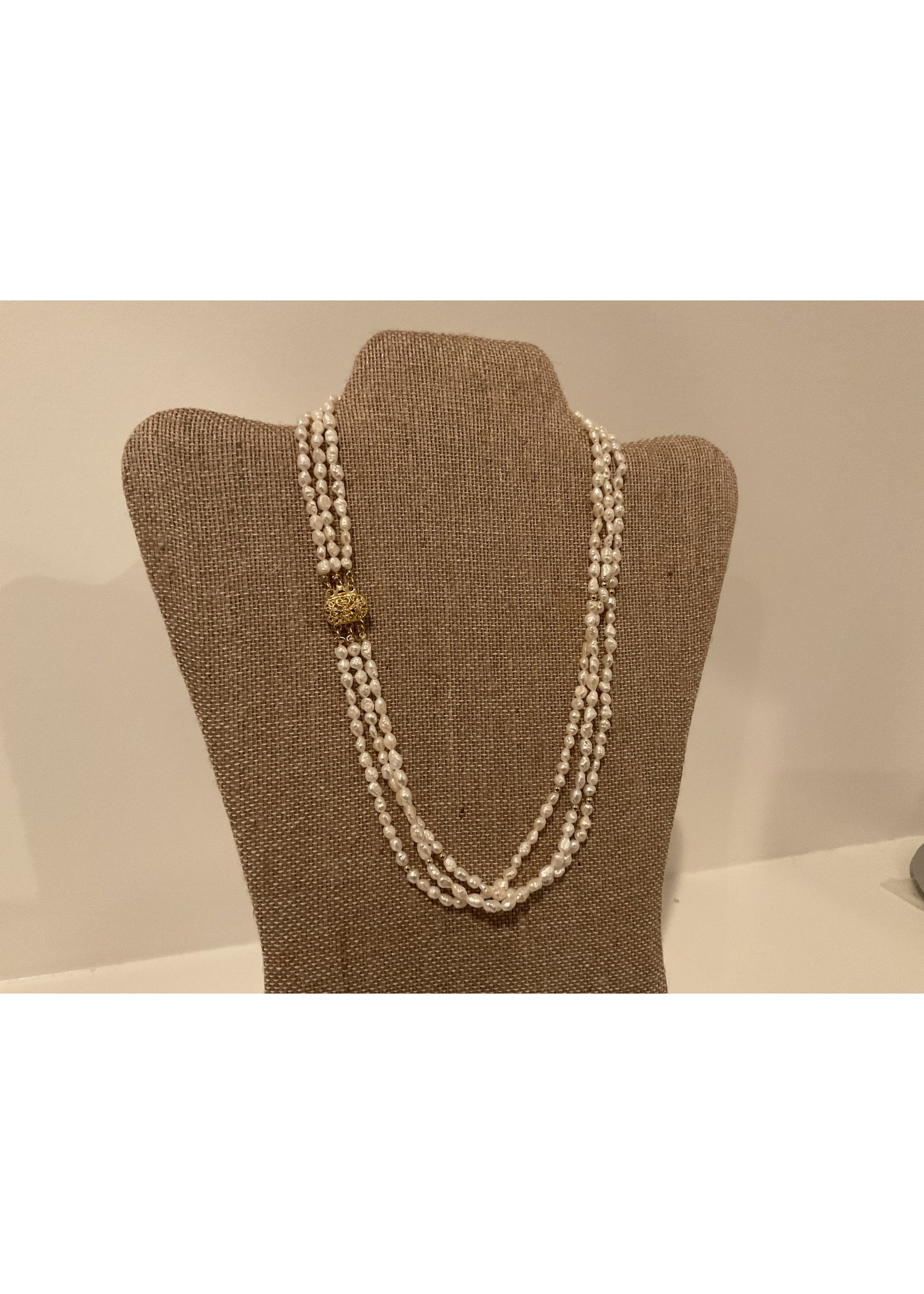 Jordans Triple Strand Cultured Pearl Gold Bead Necklace