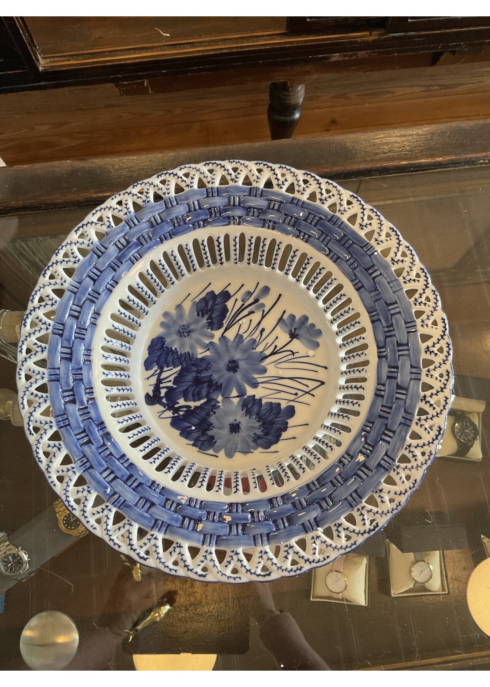Jordans Pierced Blue and White Footed Dish 12 in