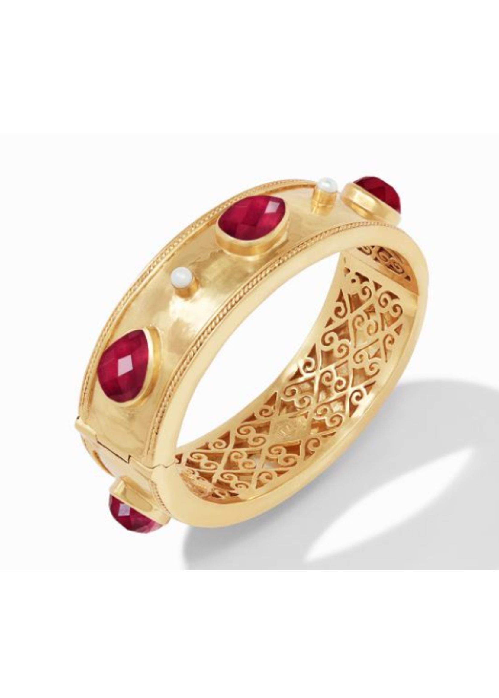 Julie Vos Cassis Statement Hinge Bangle Gold Iridescent Ruby Red w Pearl