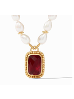 Julie Vos Marbella Statement Necklace Gold Iridescent Ruby Red and Freshwater Pearl