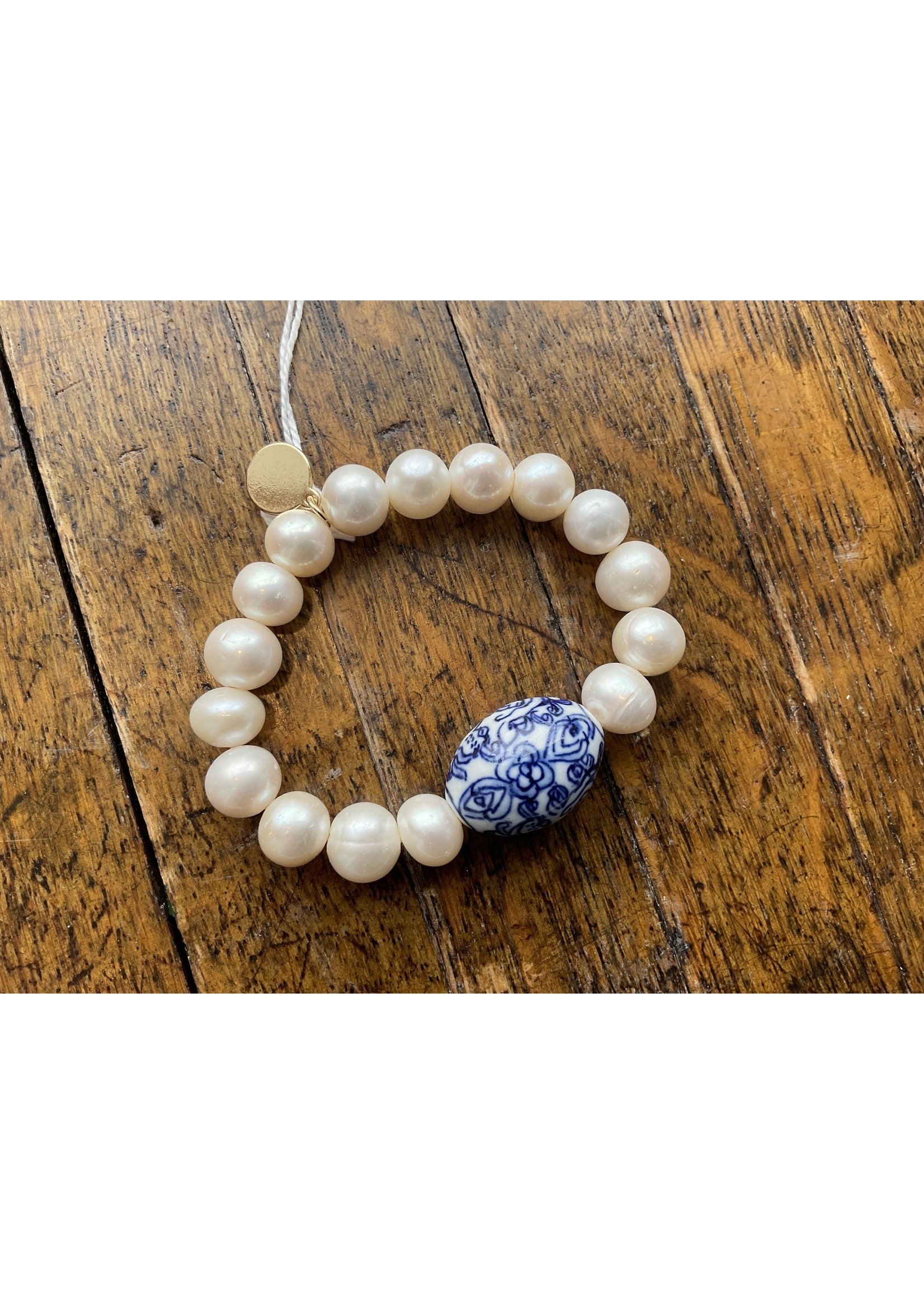 Wendy Perry Designs Pearl and Chinoiserie Bracelet with Egg Shaped Blue and White Porcelain