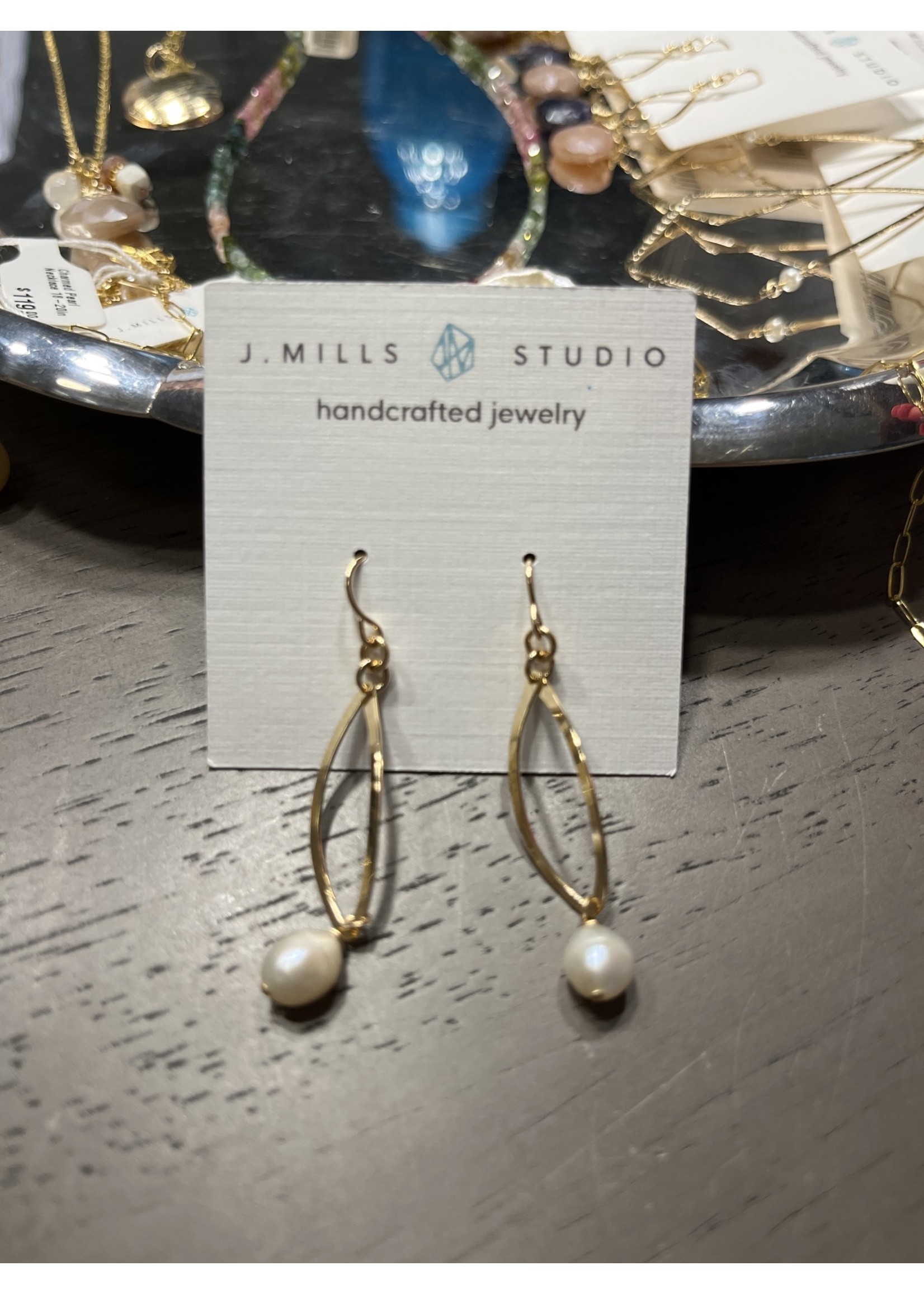 J Mills Curved Double Bar Pearl Earring