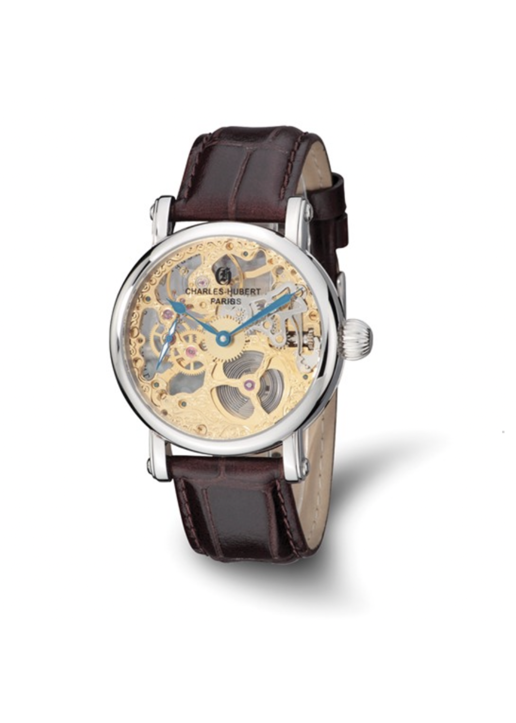 Charles Hubert Skeleton Dial Watch Stainless Steel Brown Leather Band