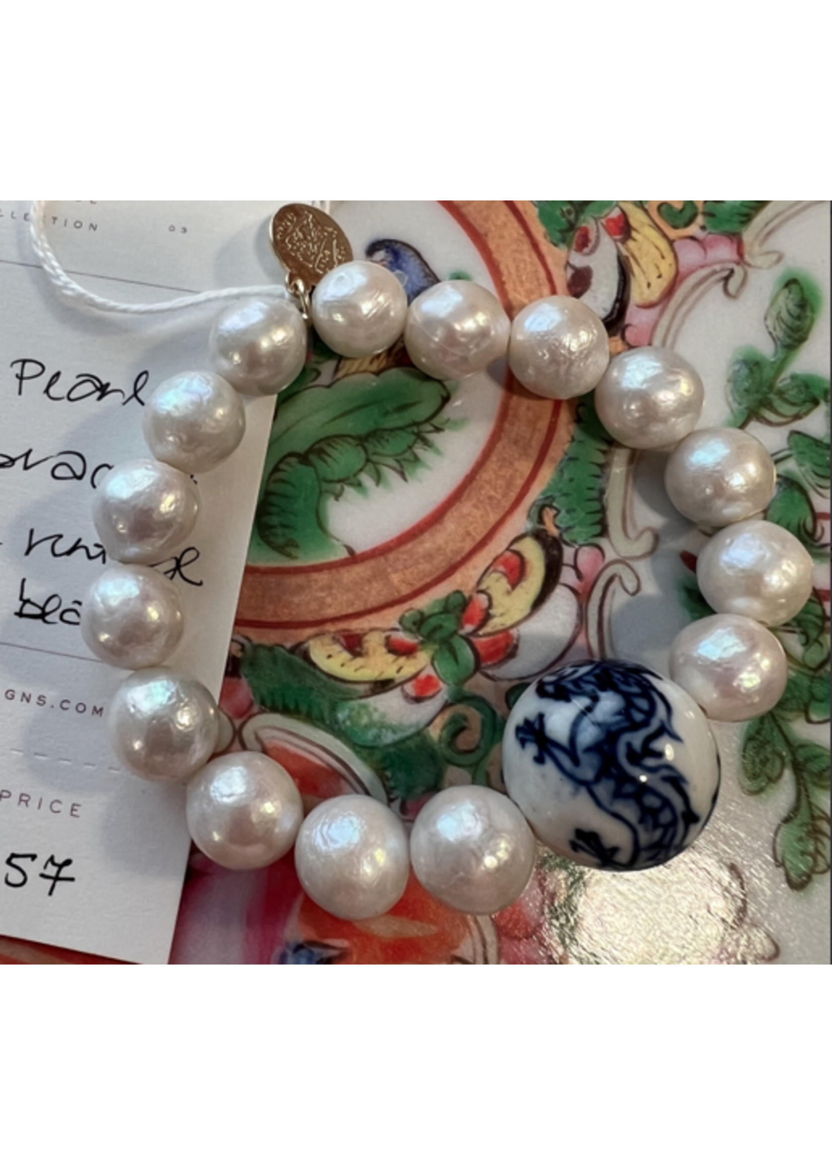 Wendy Perry Designs White Pearl with Vintage Chinoiserie Bead Bracelet