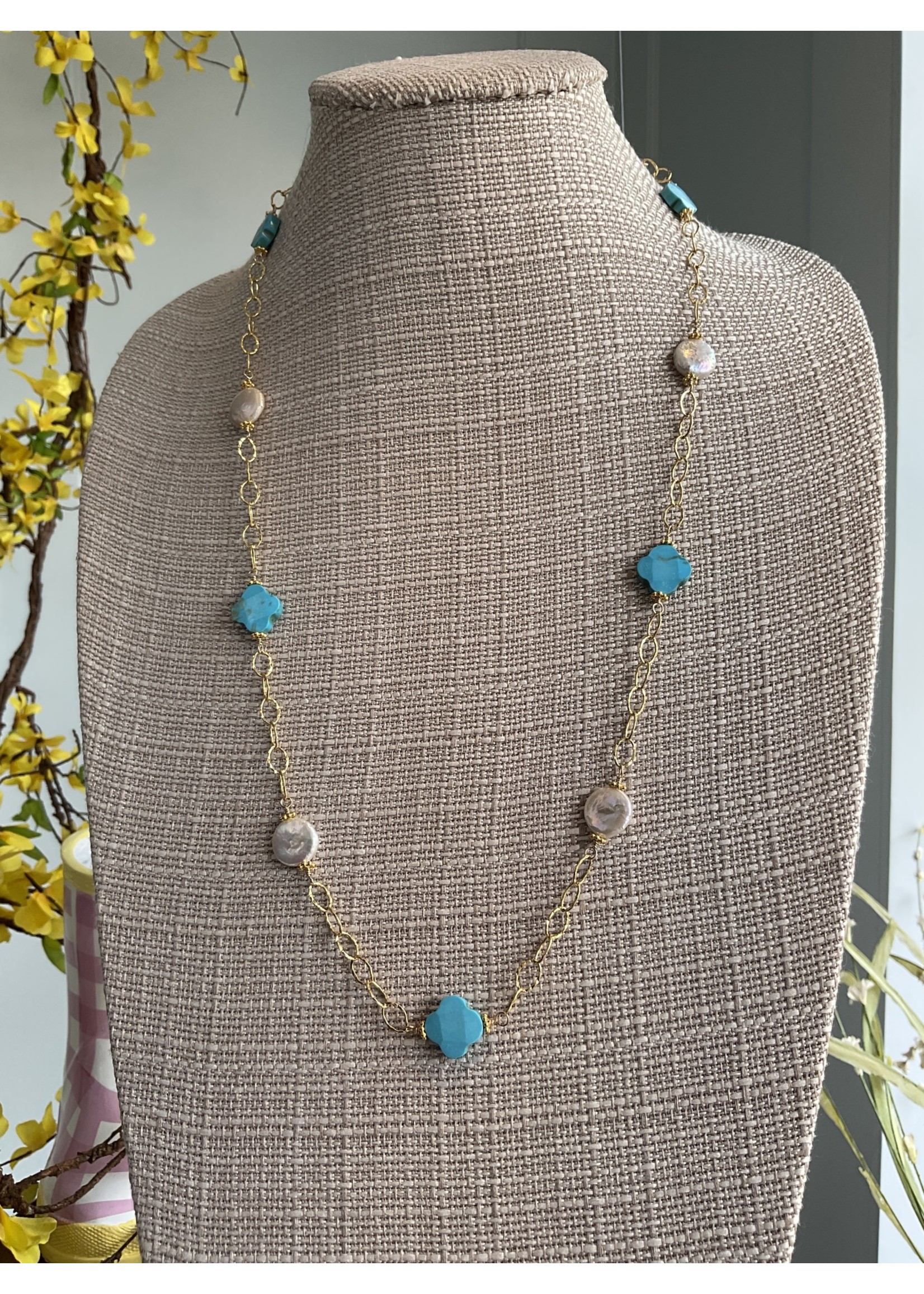 Wendy Perry Designs Turquoise and Coin Pearl Clover Necklace