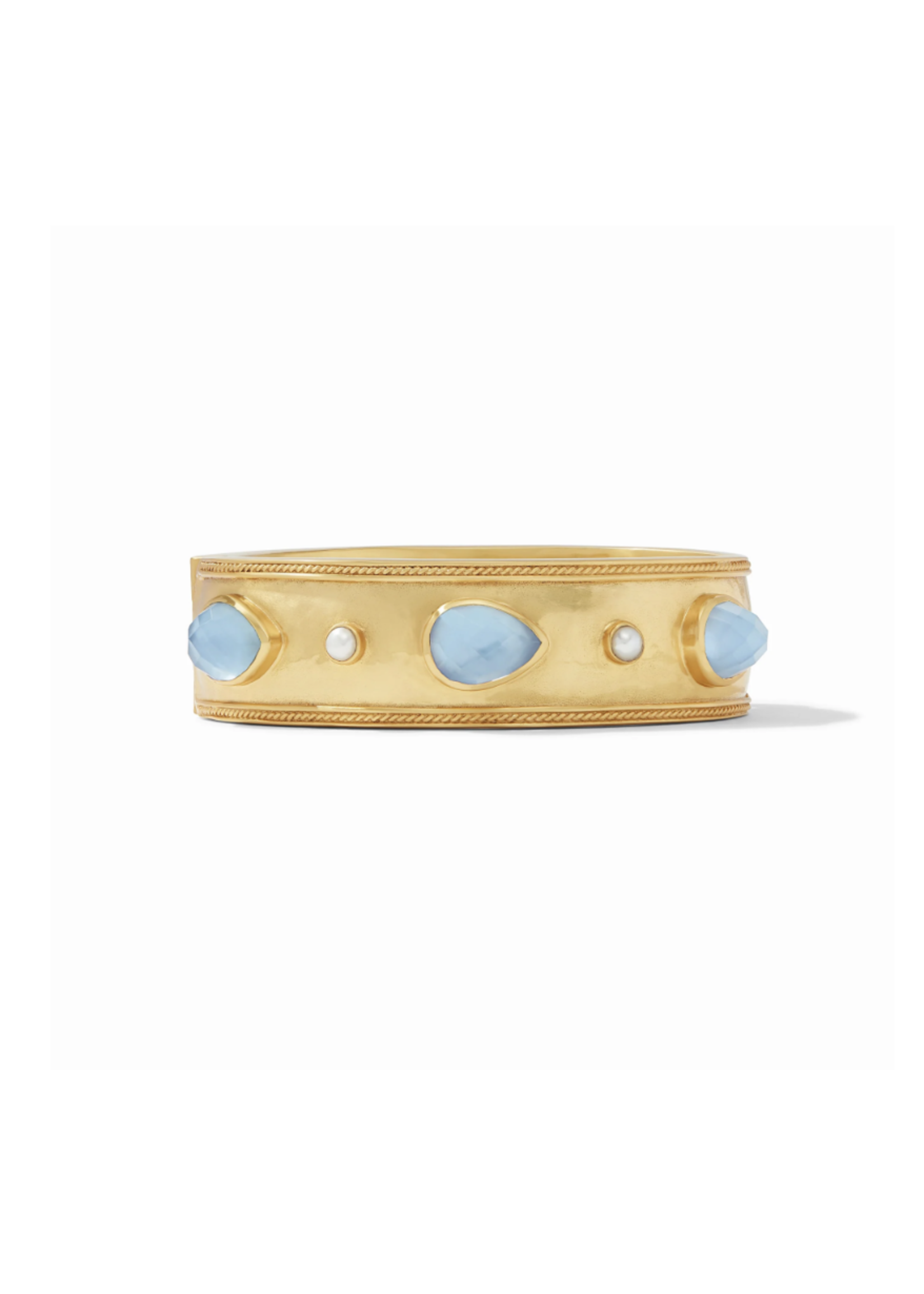 Julie Vos Cannes Statement Hinge Bangle Gold Iridescent Chalcedony Blue  w/ Pearl Accents - One Size