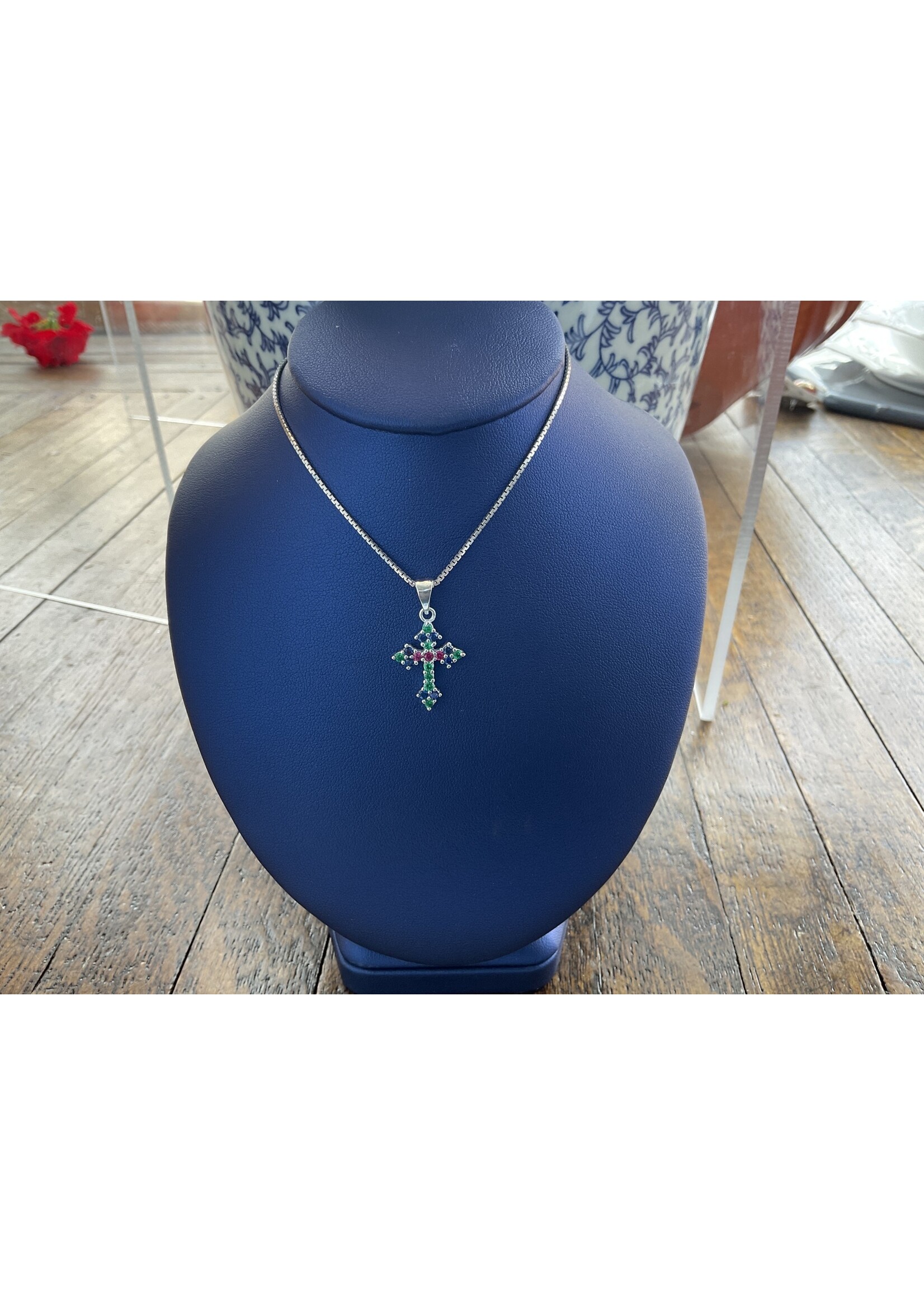 Jordans Multi Colored CZ Cross Sterling 18 in Chain