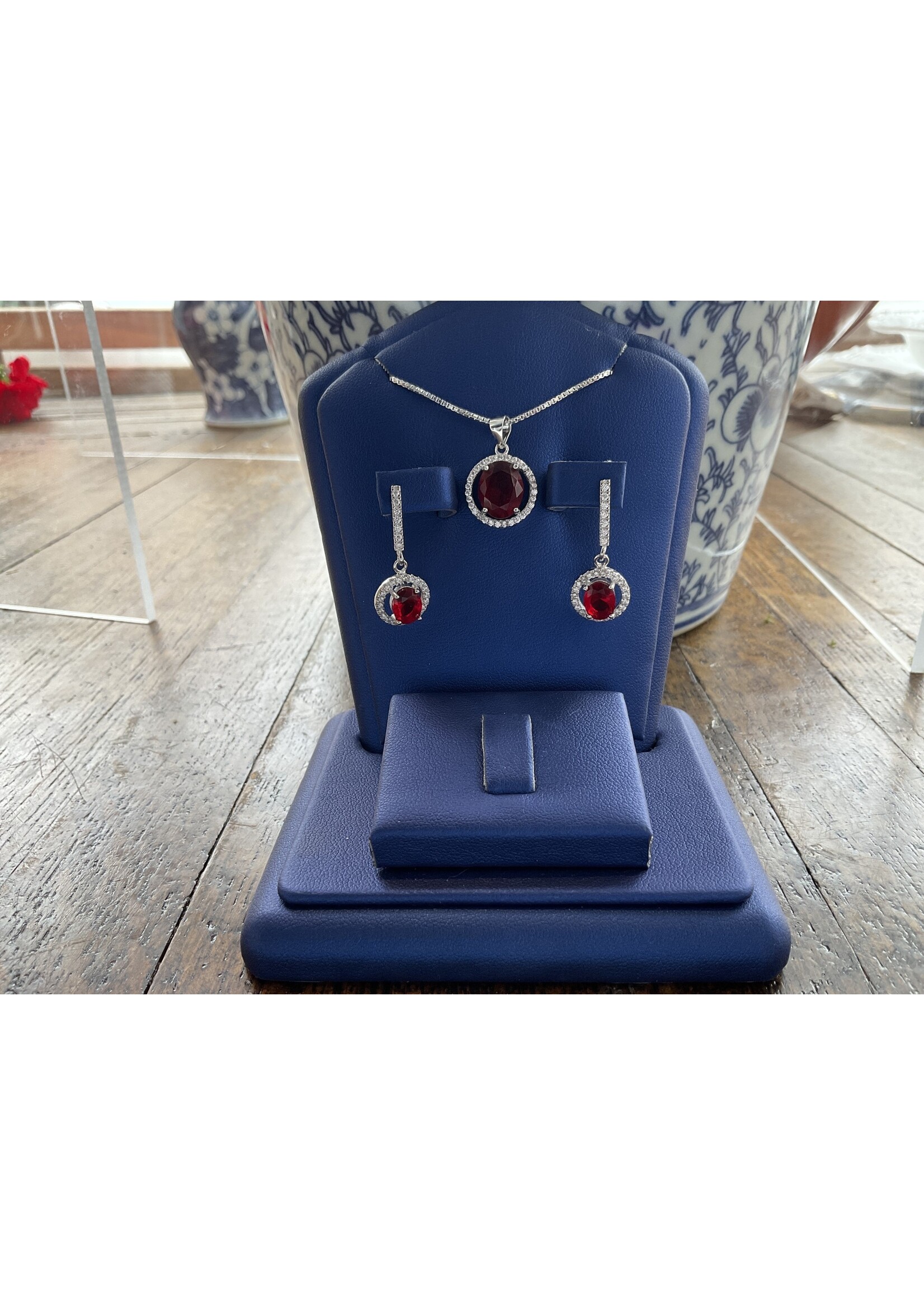 Jordans CZ Halo and Red Stone Pendant and Drop Earring Set SS