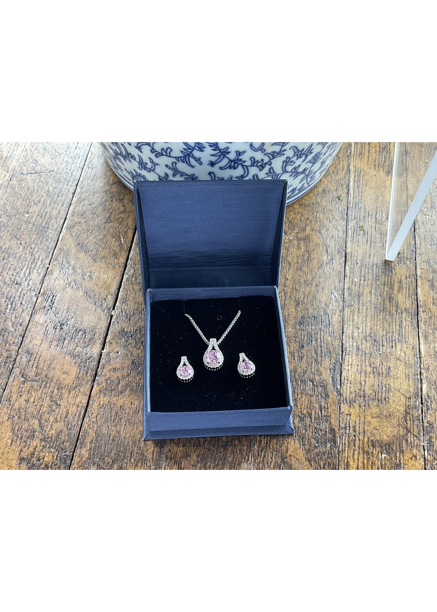 Jordans CZ Halo and  Pink Pendant and Earring Set SS