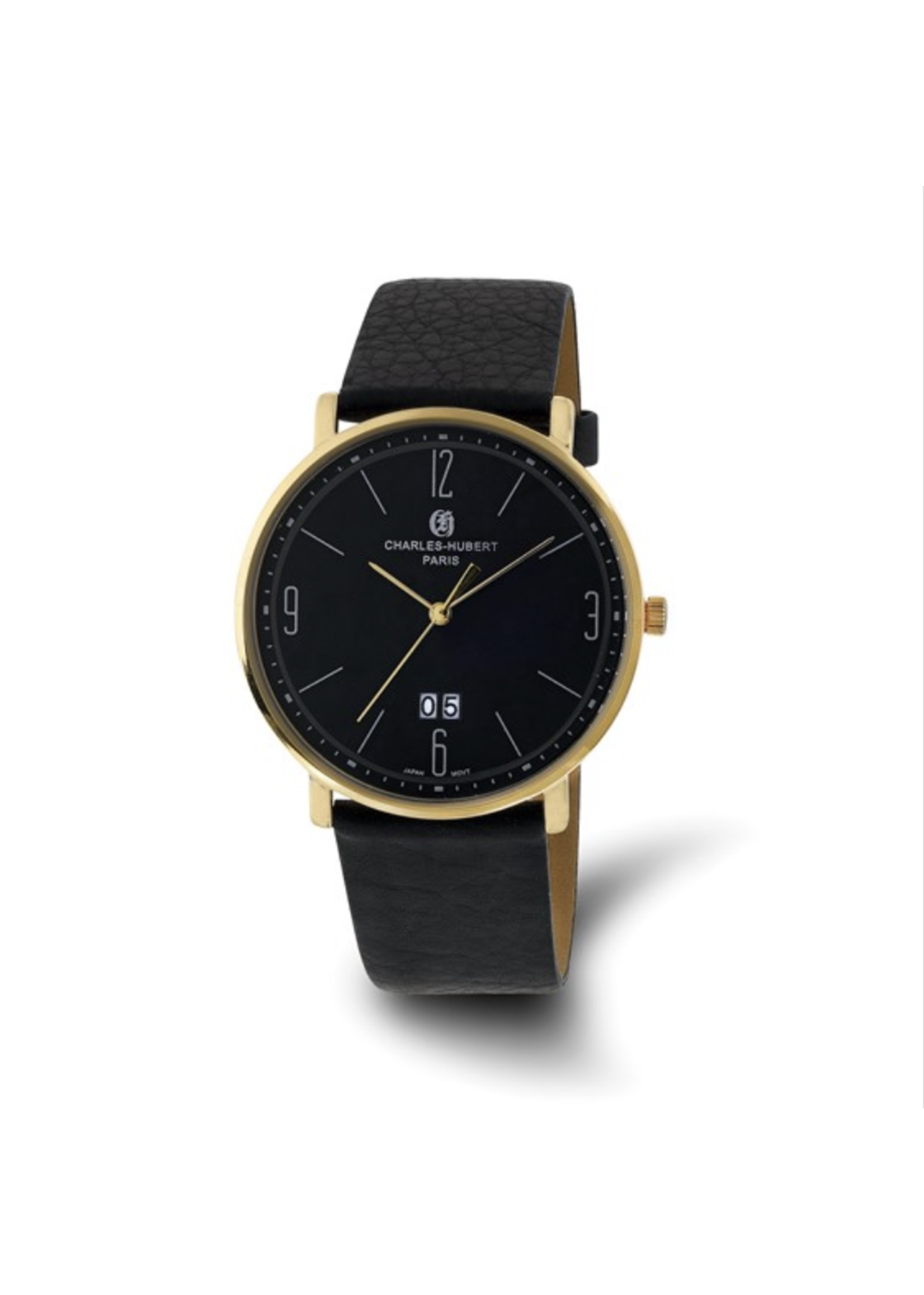 Charles Hubert Stainless Steel Black Watch Leather Band