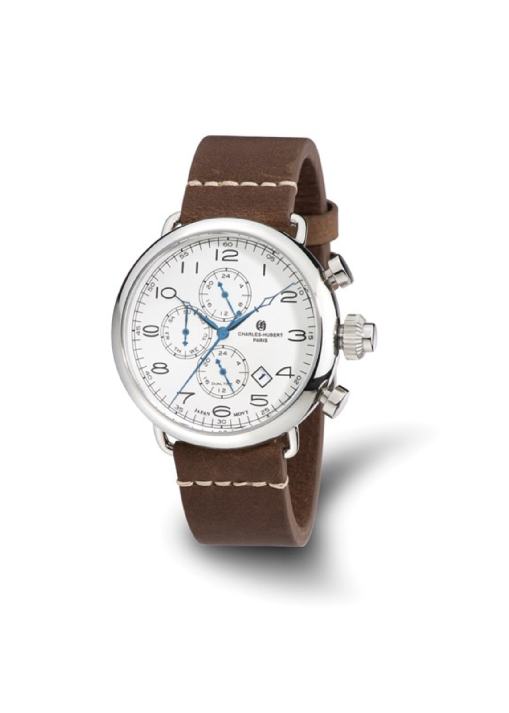 Charles Hubert Stainless Leather Band 46mm Dual Time Watch - Chronograph
