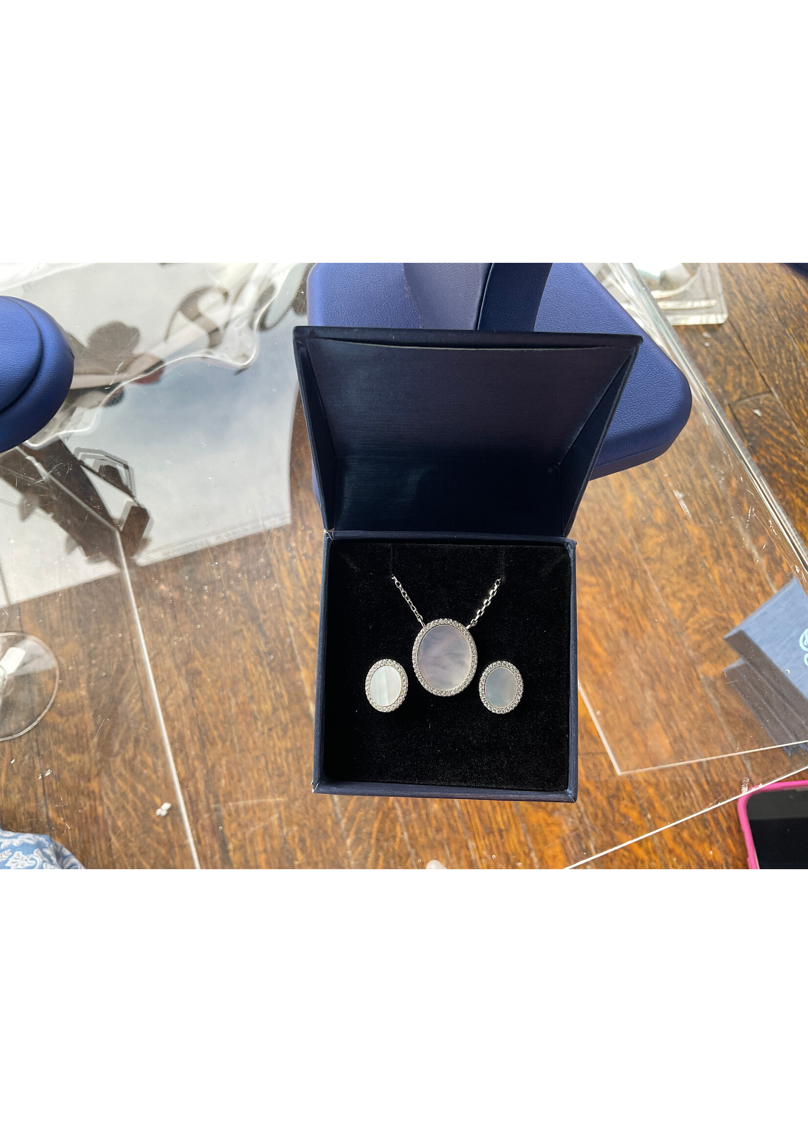 Jordans Oval Mother of Pearl and CZ Halo Sterling Set