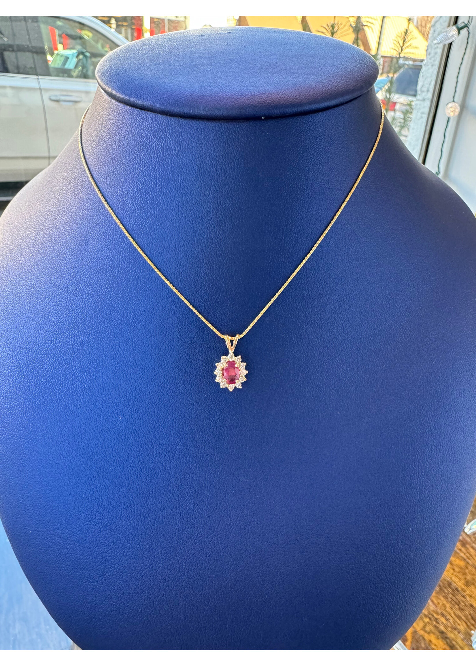 Jordans .7 Ruby Pendant w .25 ct Dia Halo on 18in Wheat