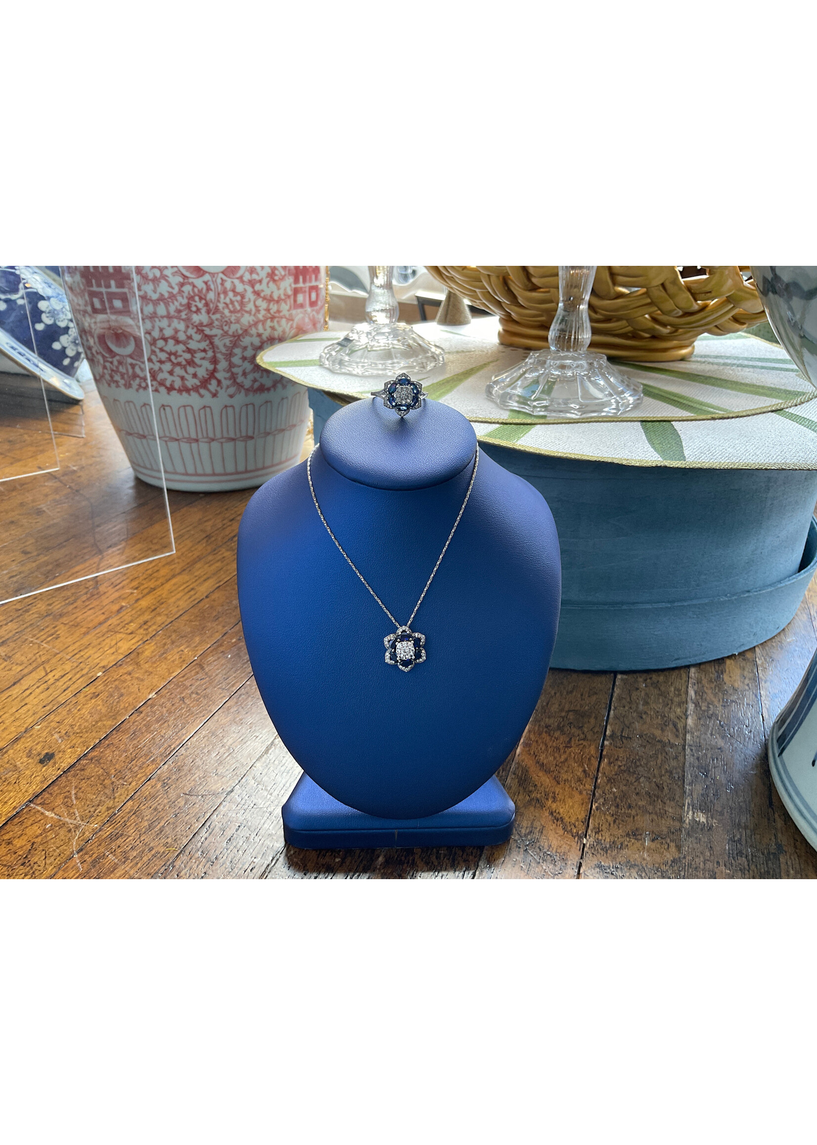 Jordans Estate SS Created Sapphire Necklace and Ring set size 10.5