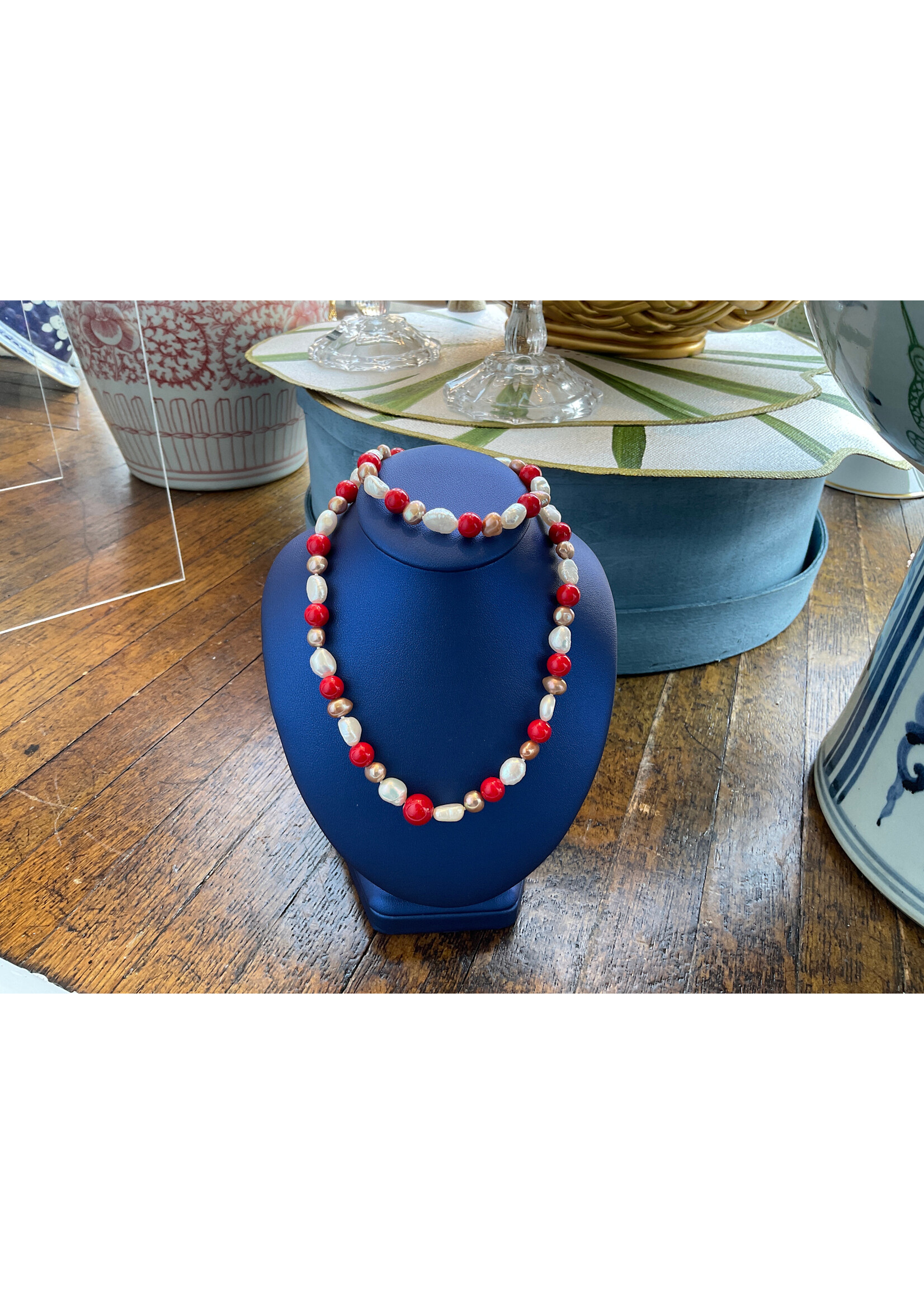 Jordans 18in Red Bead and Pearl Necklace and Bracelet SS Set