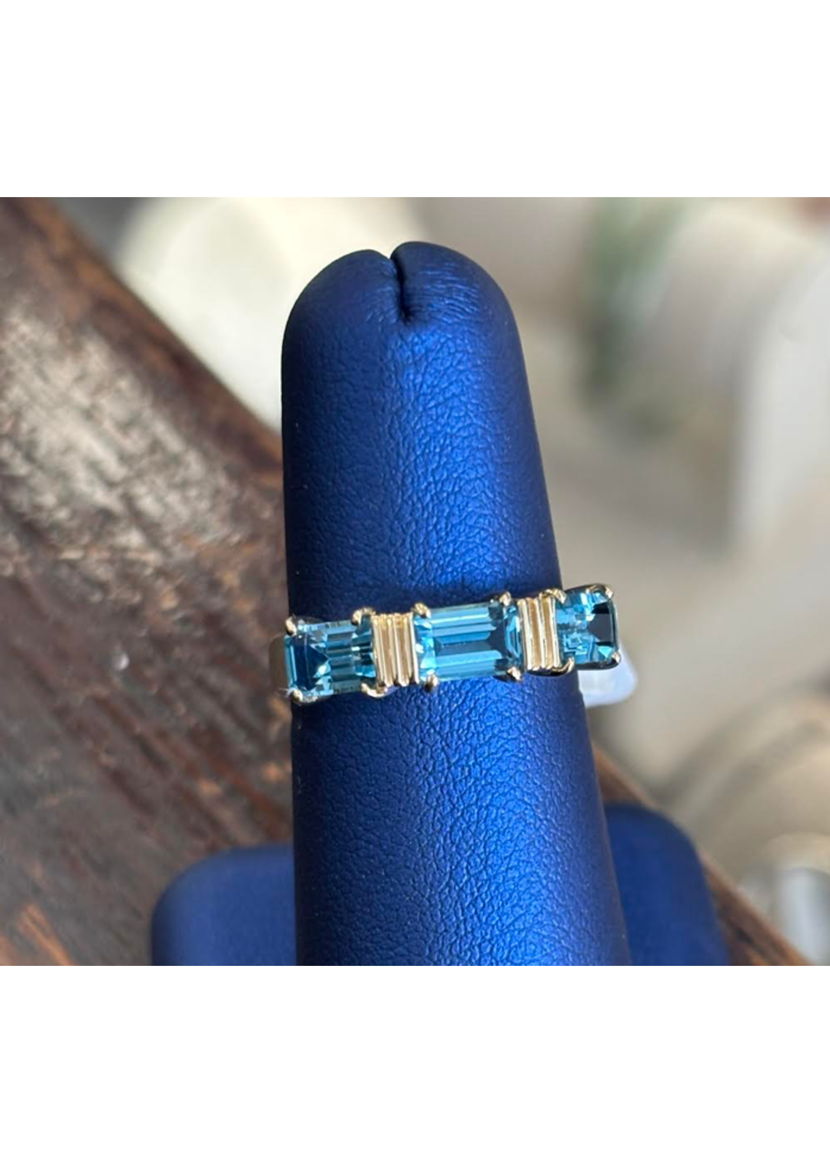 Jordans 3 Stone Emerald Cut Blue Topaz Ring 14k