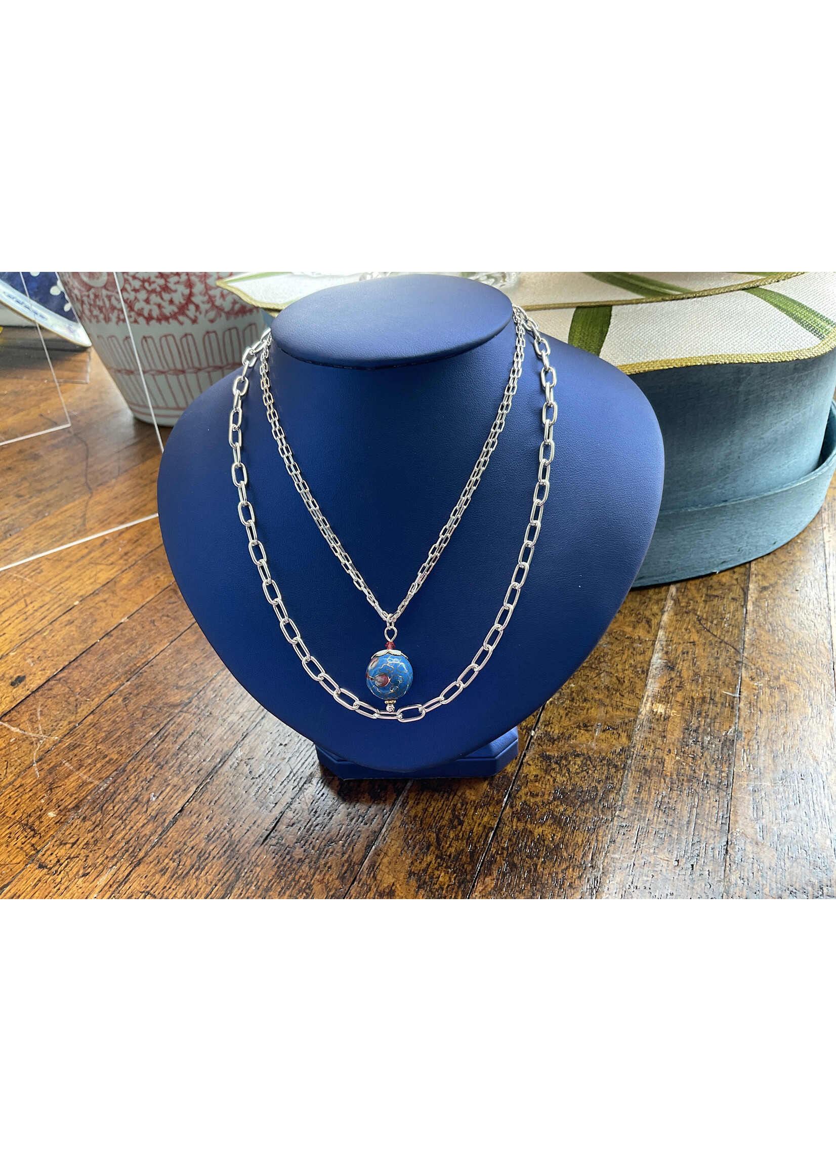 G2 Silver Vintage French Blue Cloisonne Double SS Necklace adj