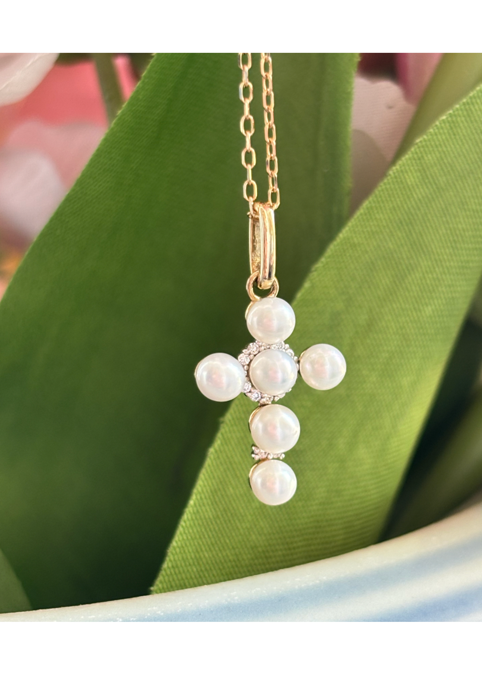 Jordans Pearl Cross with Single Diamond Halo 10k .06cttw