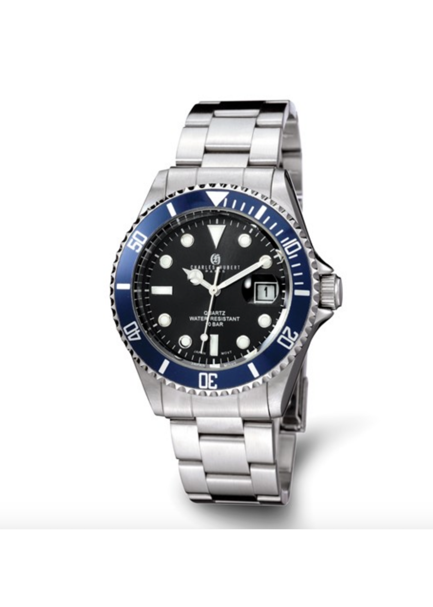 Charles Hubert Stainless Steel Black Face w Blue Dial Watch