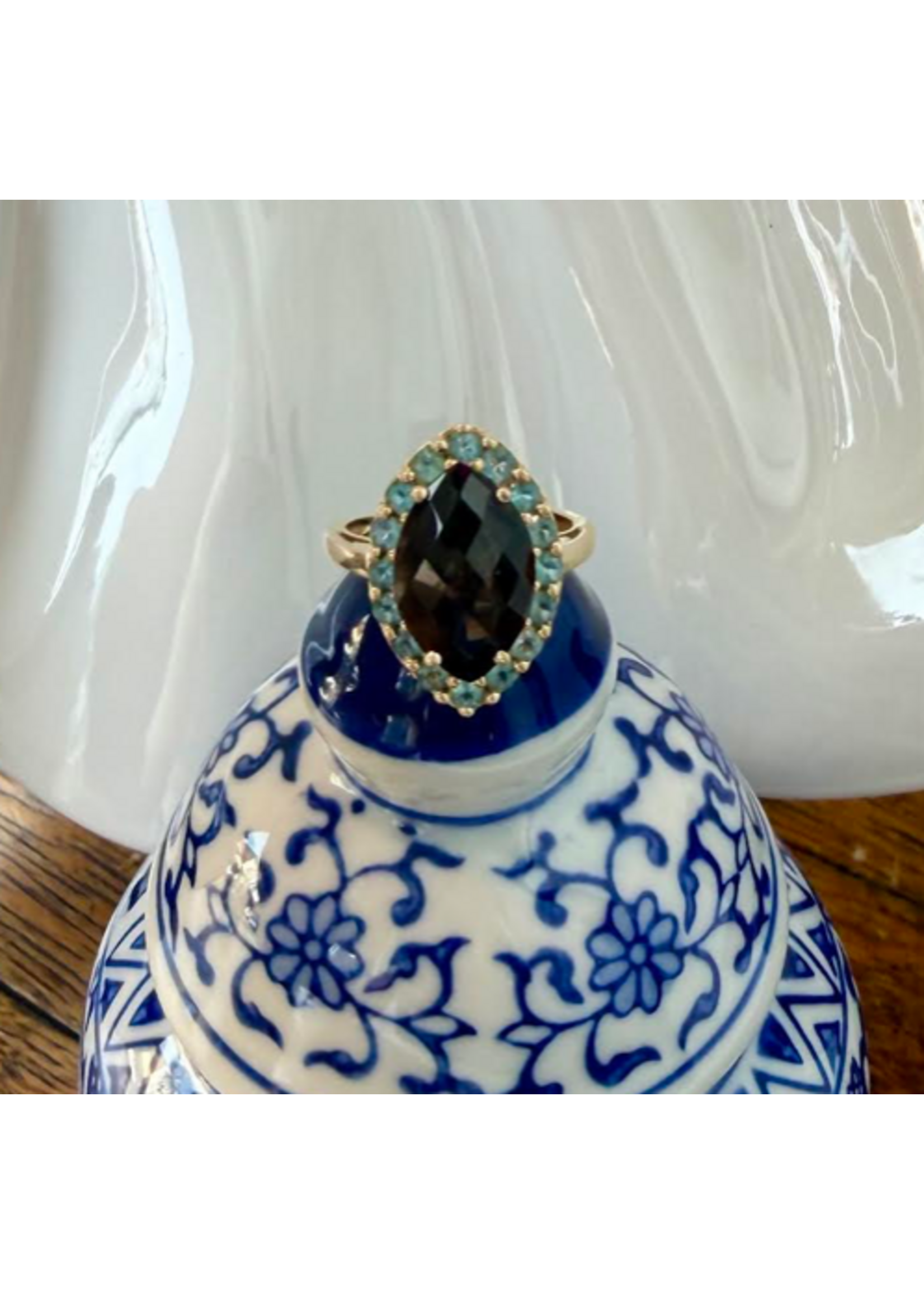 Jordans Smokey Topaz w/ Blue Topaz Halo 14k size 7