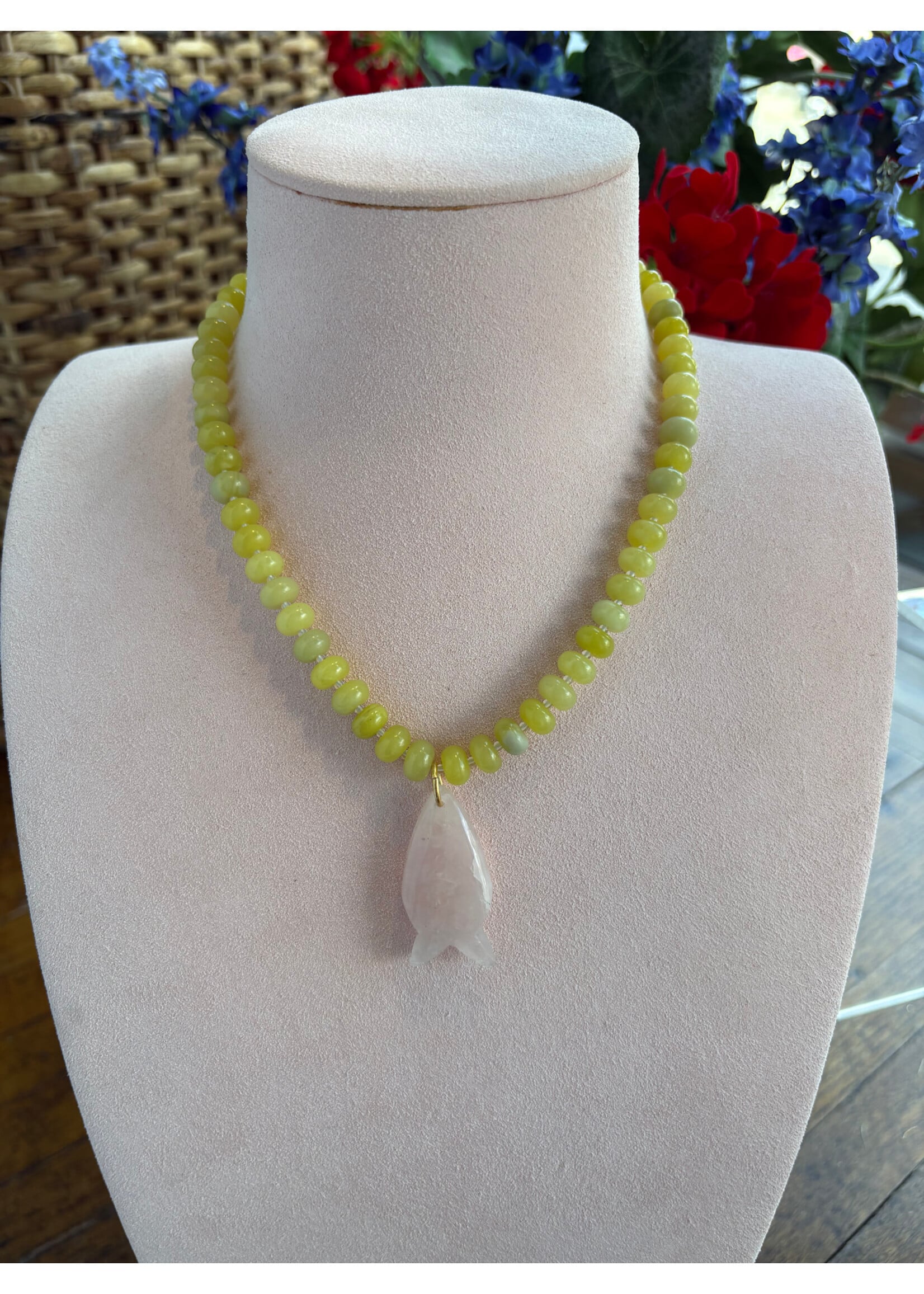 Wendy Perry Designs Lemon Jade Candy w Rose Quartz Fish Necklace