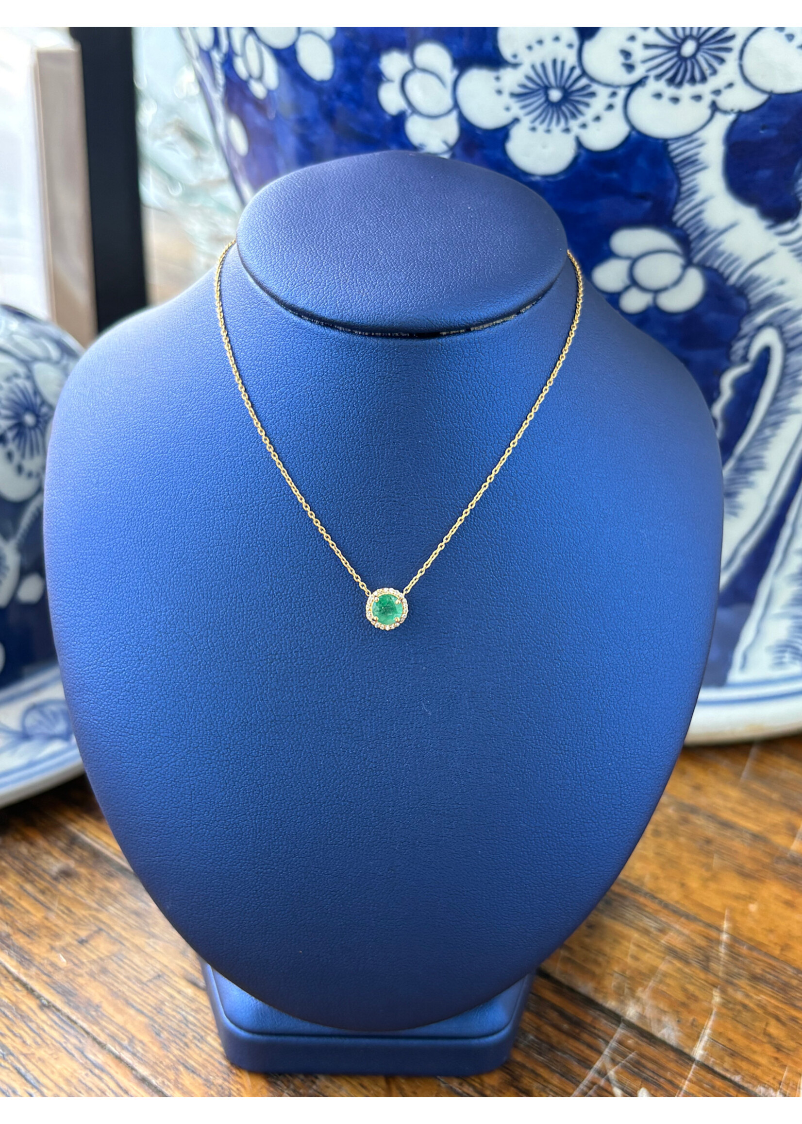 Jordans .70ct Emerald and Diamond Halo Necklace 14k adj chain