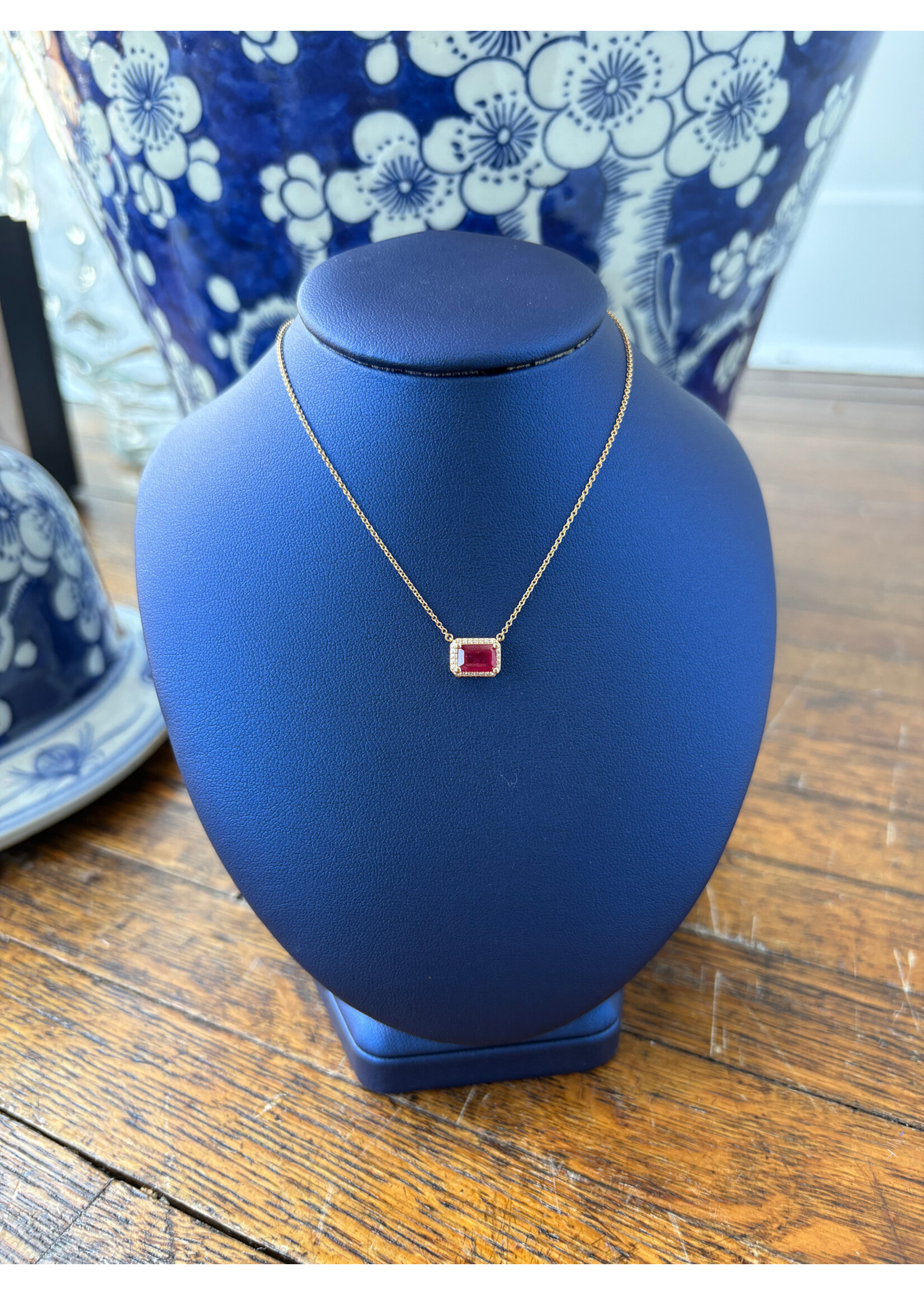 Jordans 1.4ct Ruby and Diamond Emerald Cut Pendant 14k adj chain
