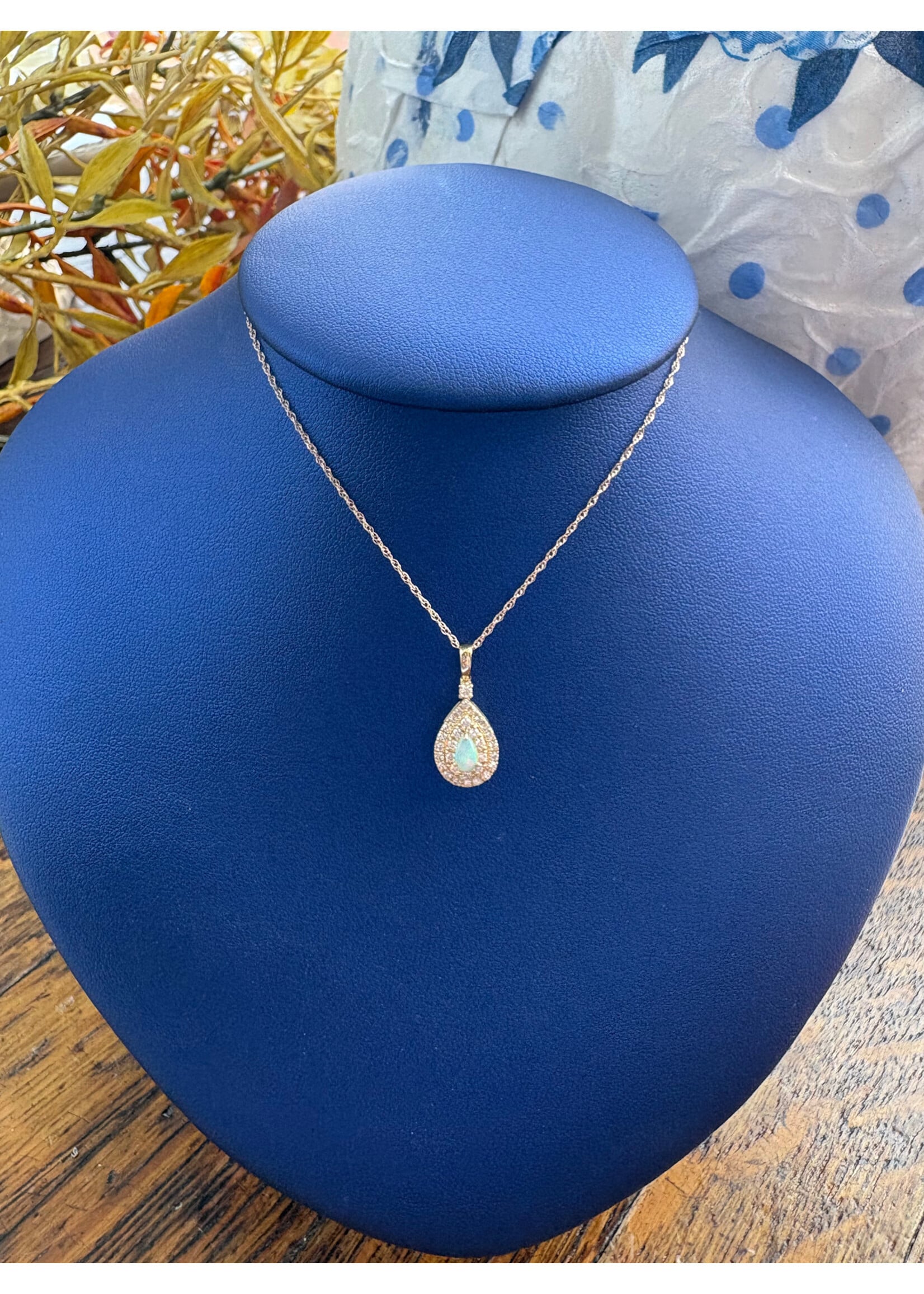 Jordans 14k .43ct Opal Teardrop Necklace w Double Halo.15cttw 20inch Necklace