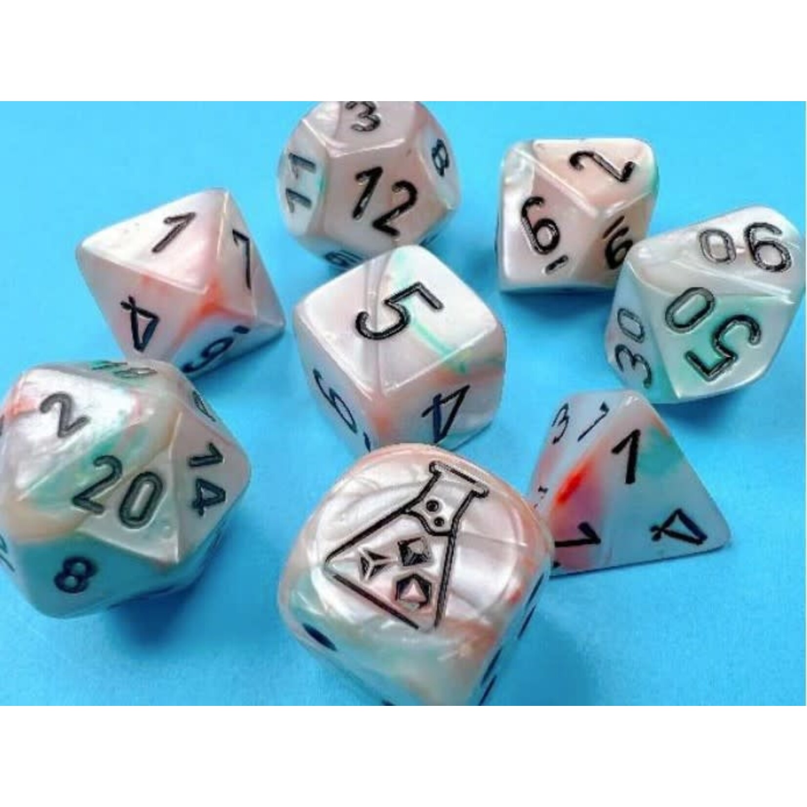 Lab Dice 6 Lustrous: Poly Sea Shell/Black Luminary 7-die set