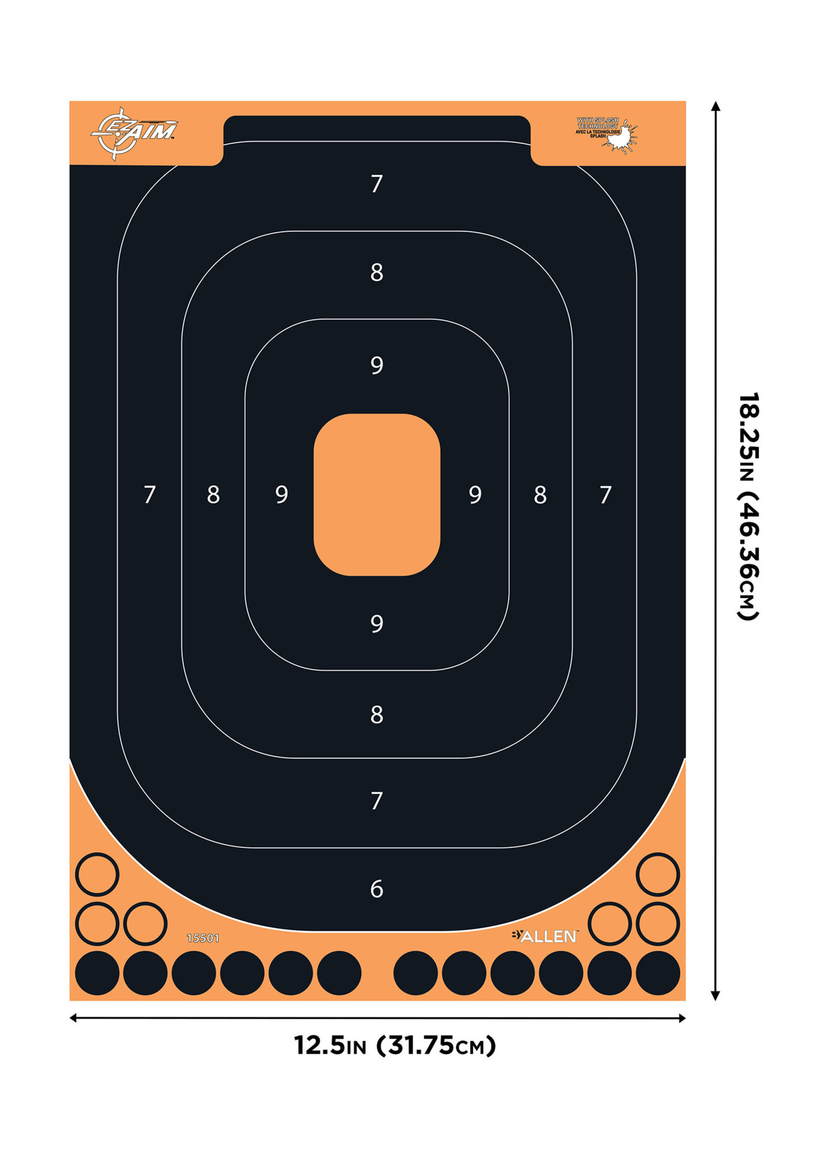 Allen EZ-Aim 1550110 Splash Shooting Target Adhesive Paper Orange with Oval Black Target 12" W x 18" H
