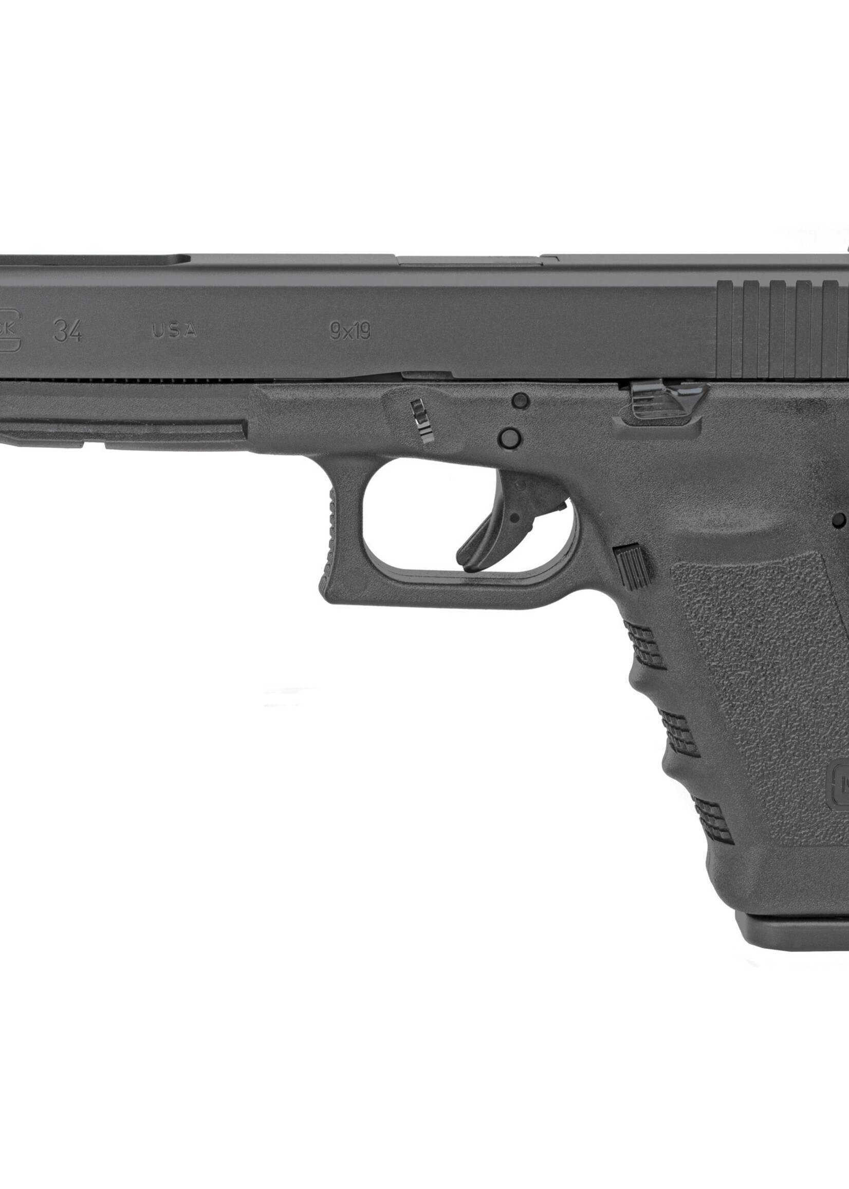 Glock (USED)Glock G34 Gen 3 UI3430103 G34 Gen3 9mm 5.31" Barrel 17+1, Black Frame & Slide, Finger Grooved Grip, Adjustable Sights MFG#  UI3430103  UPC# 764503048746