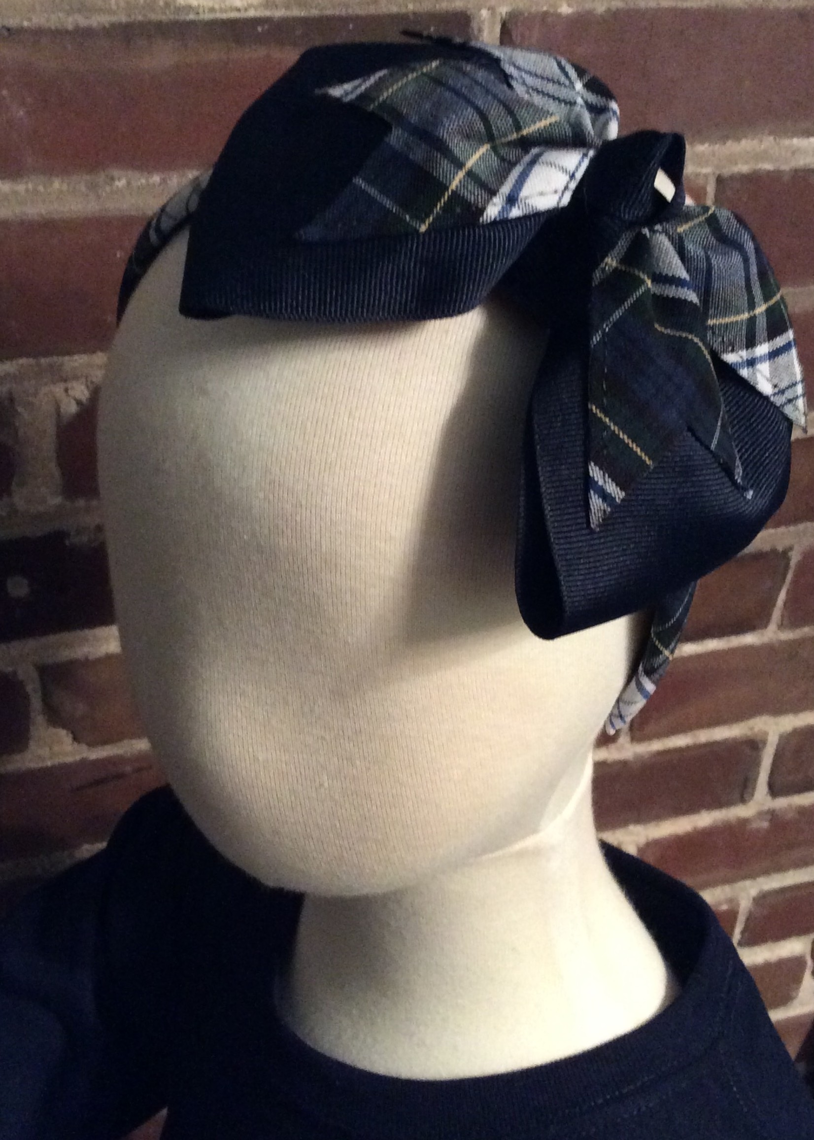 LARGE NAVY RIBBON & PLAID BOW ON A WIDE PADDED PLAID  HEADBAND