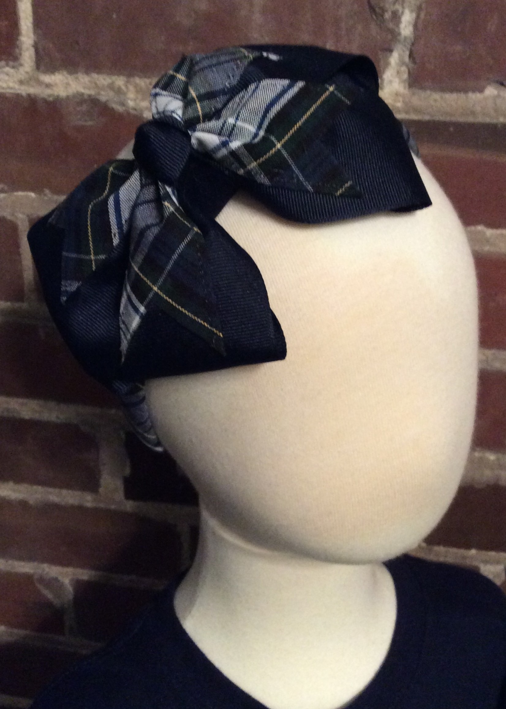 LARGE NAVY RIBBON & PLAID BOW ON A WIDE PADDED PLAID  HEADBAND