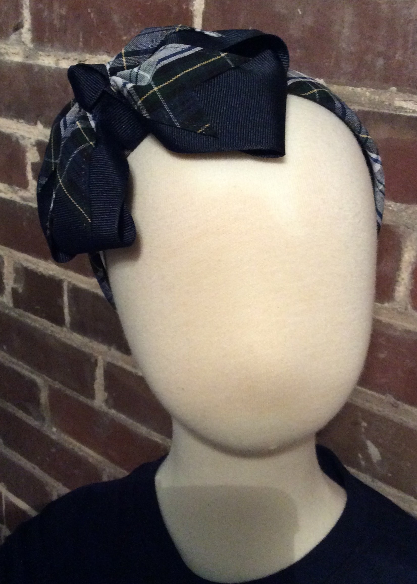 LARGE NAVY RIBBON & PLAID BOW ON A WIDE PADDED PLAID  HEADBAND