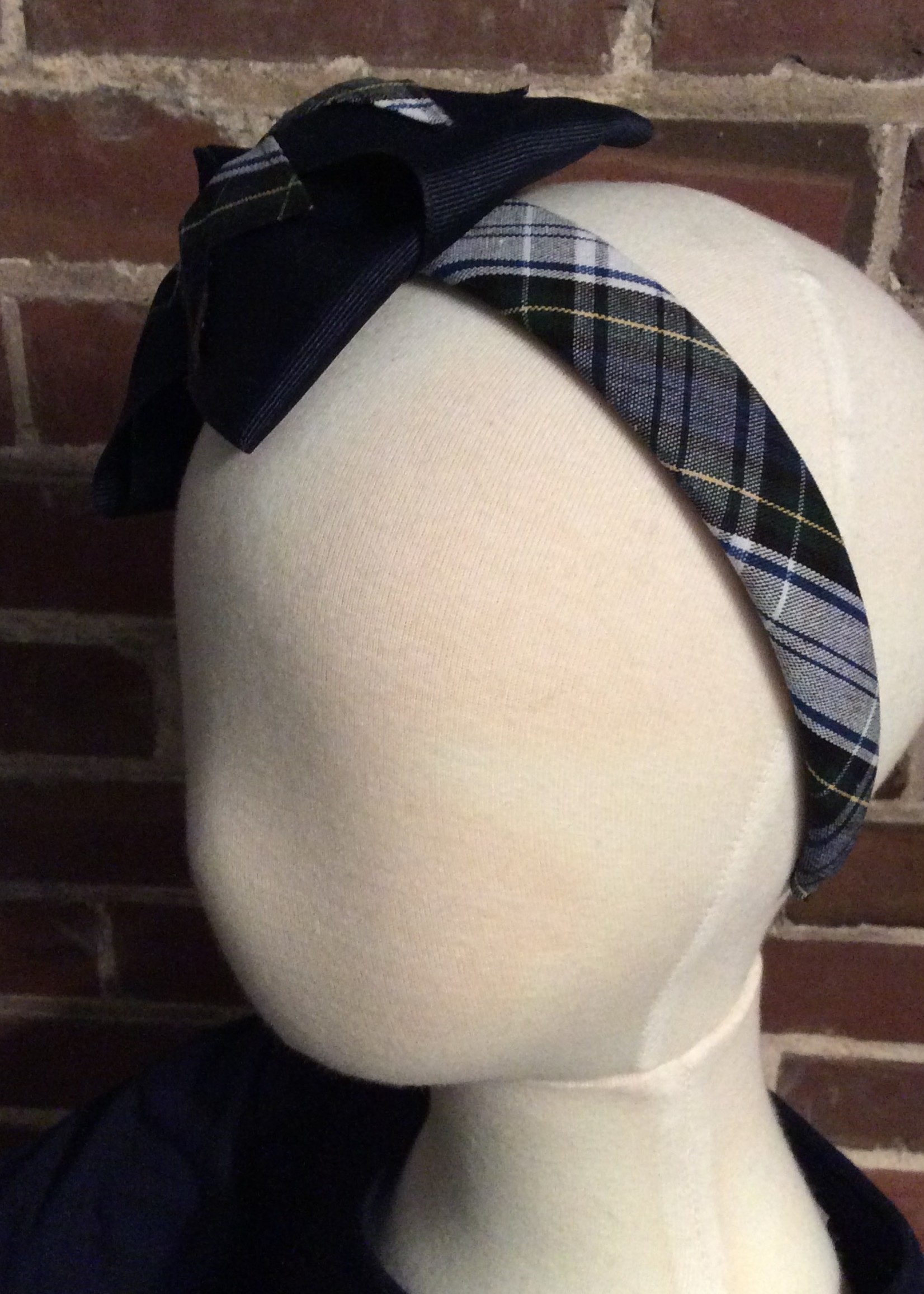 LARGE NAVY RIBBON & PLAID BOW ON A WIDE PADDED PLAID  HEADBAND