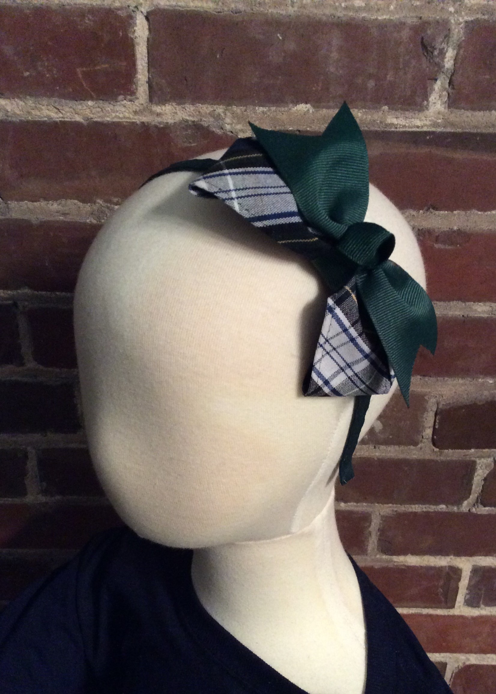 PLAID & GREEN RIBBON BOW WRAPPED ON A GREEN HEADBAND