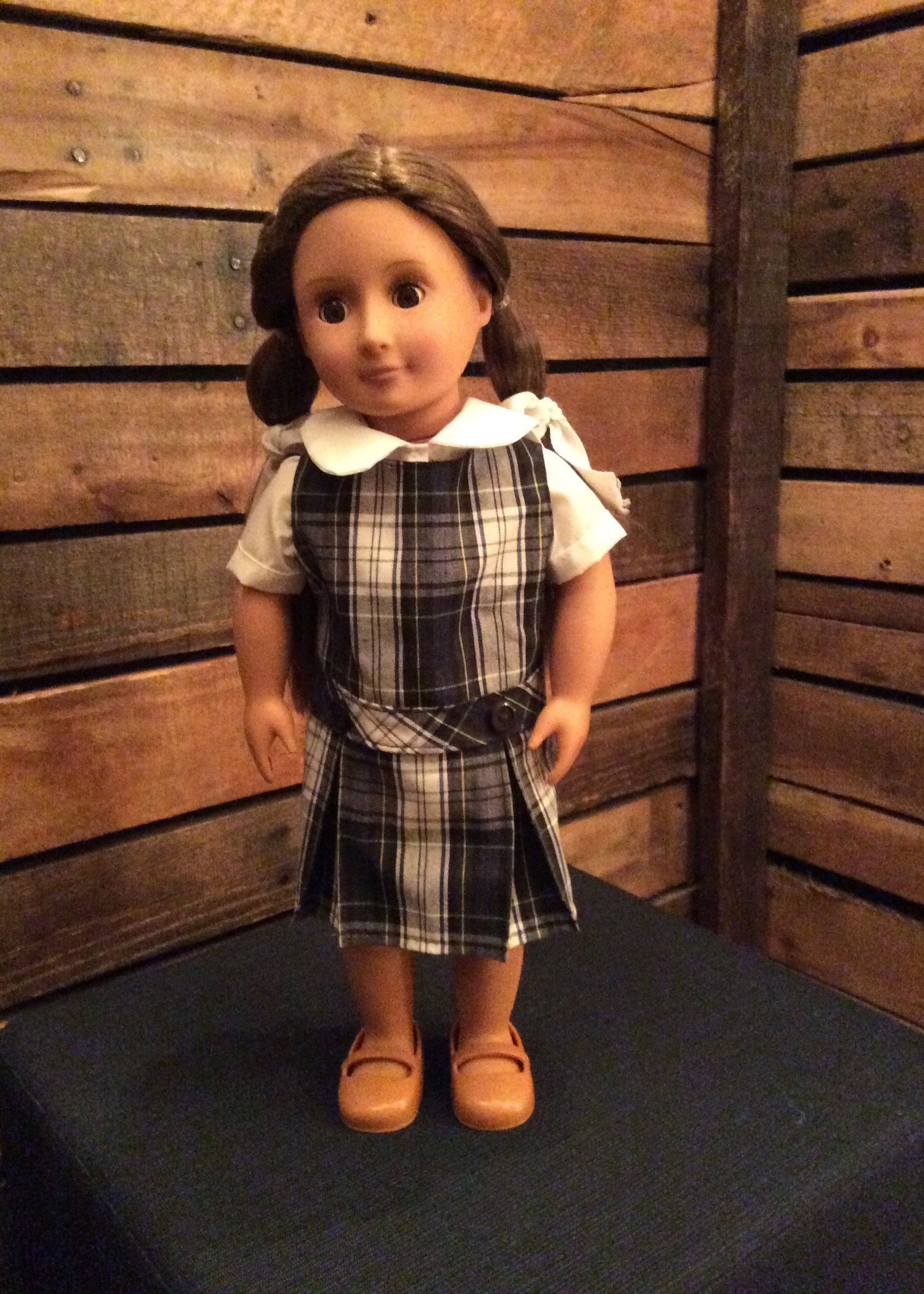 DROP WAIST WHITE PLAID JUMPER WITH WHITE BLOUSE FOR 18" DOLL