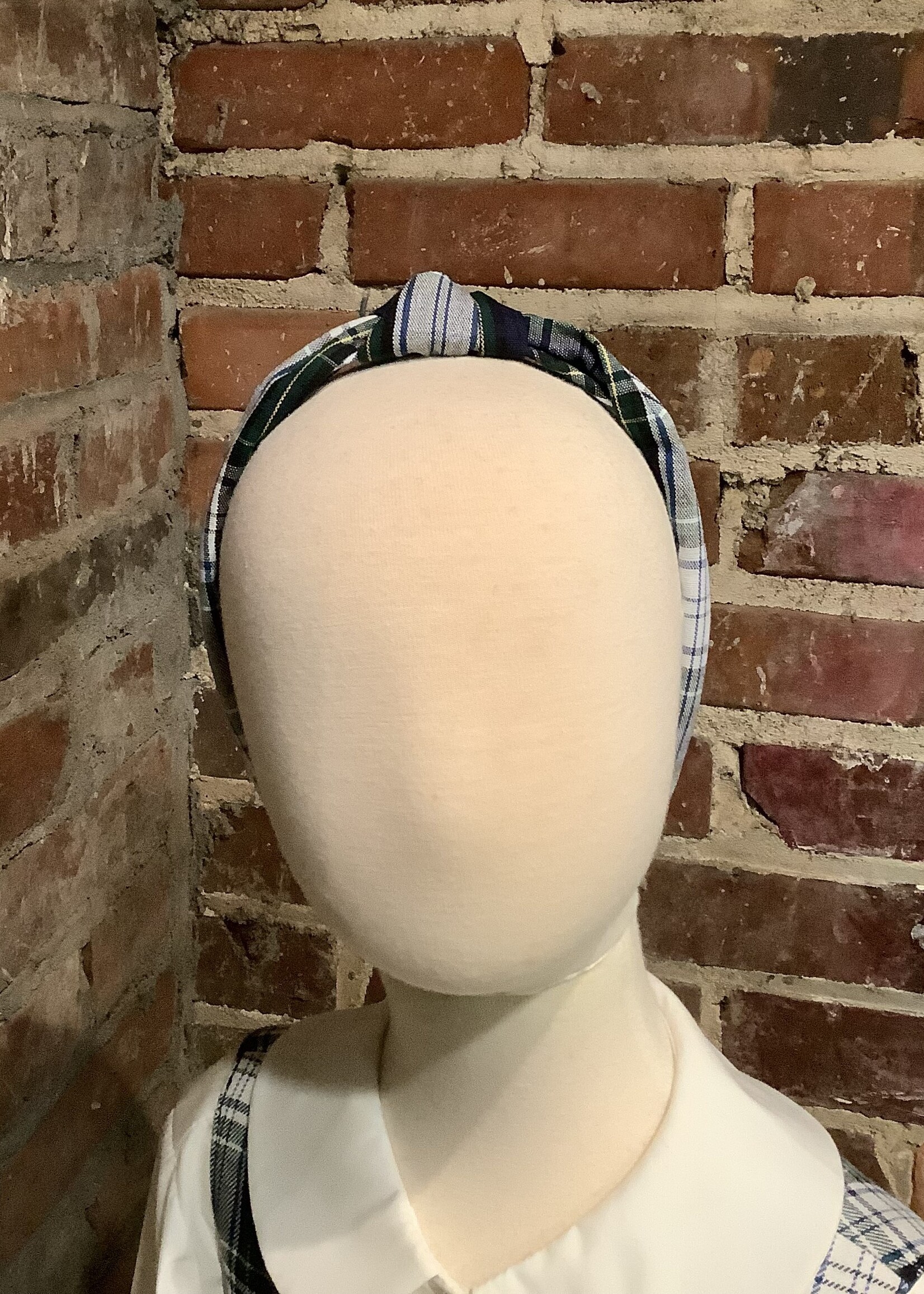 LARGE NAVY RIBBON & PLAID BOW ON A WIDE PADDED