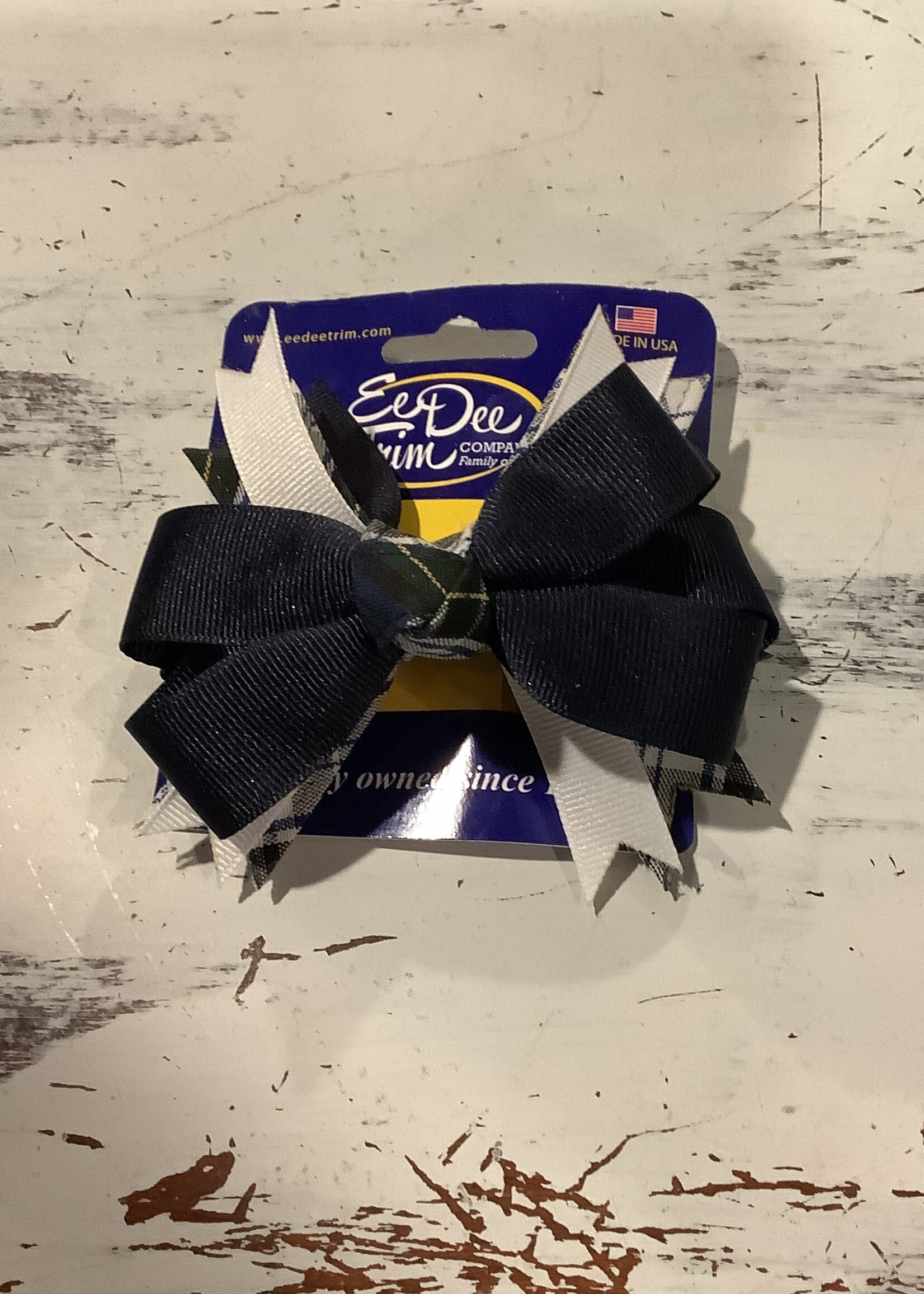 SMALL PLAID RIBBON SPIKED BOW / FBE142 WITH WHITE & NAVY RIBBON