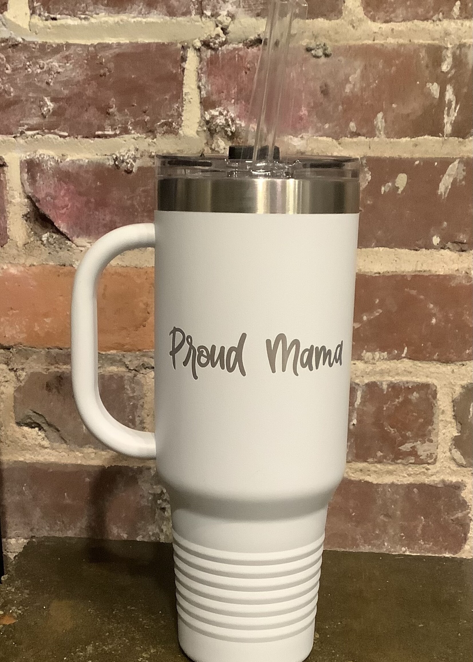 40 oz TRAVEL TUMBLER WITH HANDLE AND STRAW - PROUD MAMA