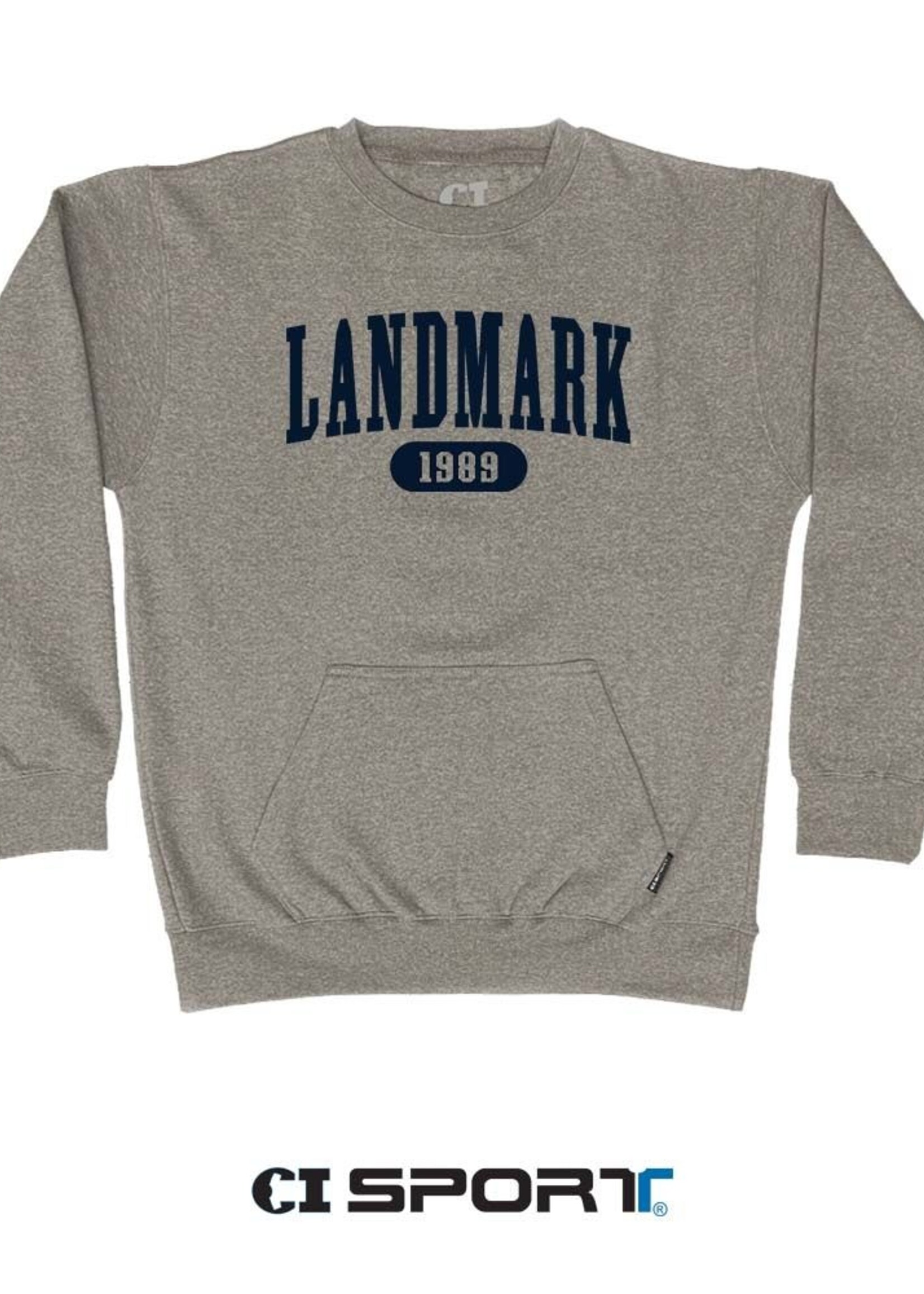 ADULT CREWNECK POCKET SWEATSHIRT IN LATTE HEATHER WITH APPLIQUE FRONT
