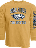 ADULT LONG SLEEVE RINGSPUN MUSTARD TEE WITH FRONT AND ARM SCREEN PRINT