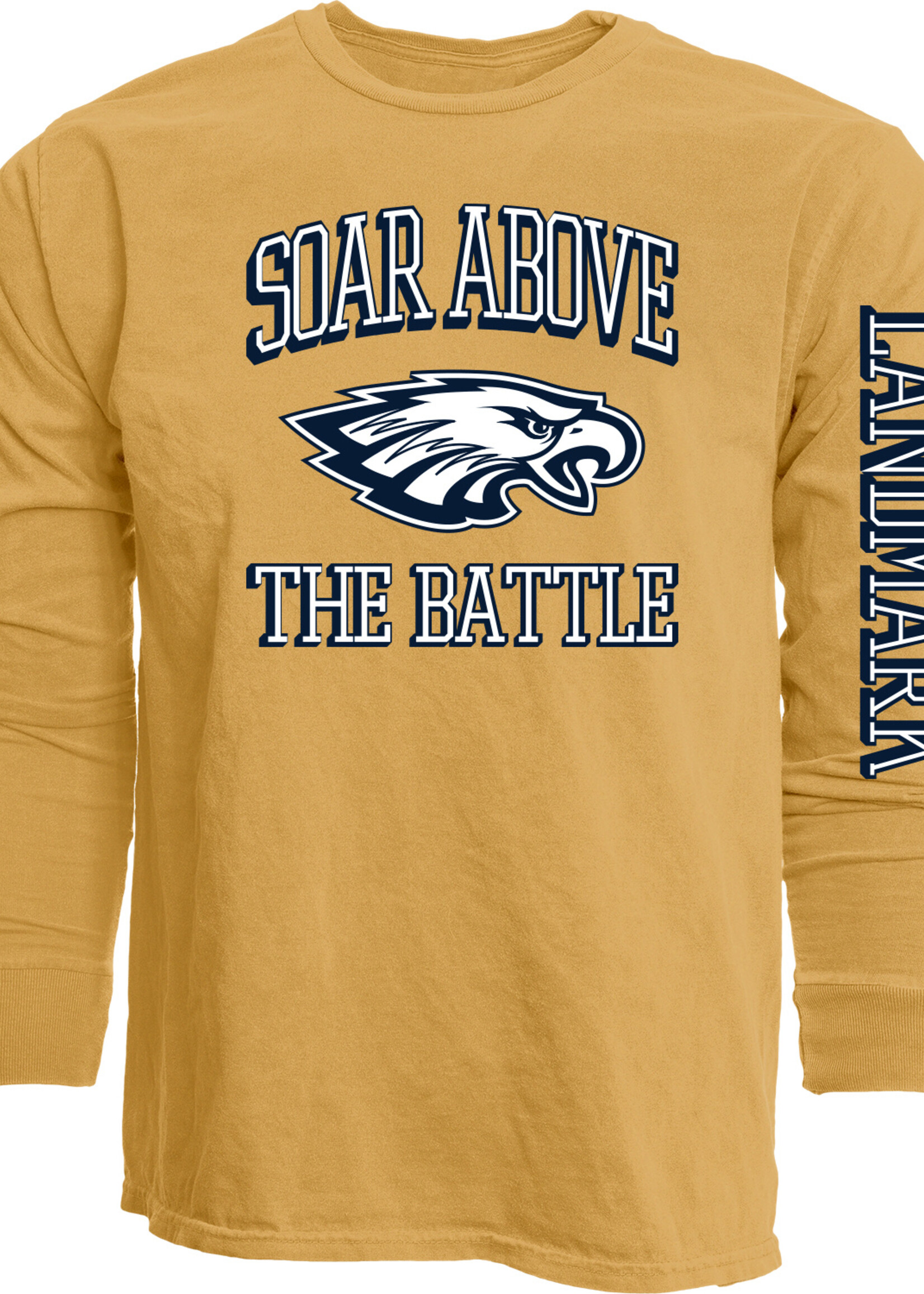 ADULT LONG SLEEVE RINGSPUN MUSTARD TEE WITH FRONT AND ARM SCREEN PRINT