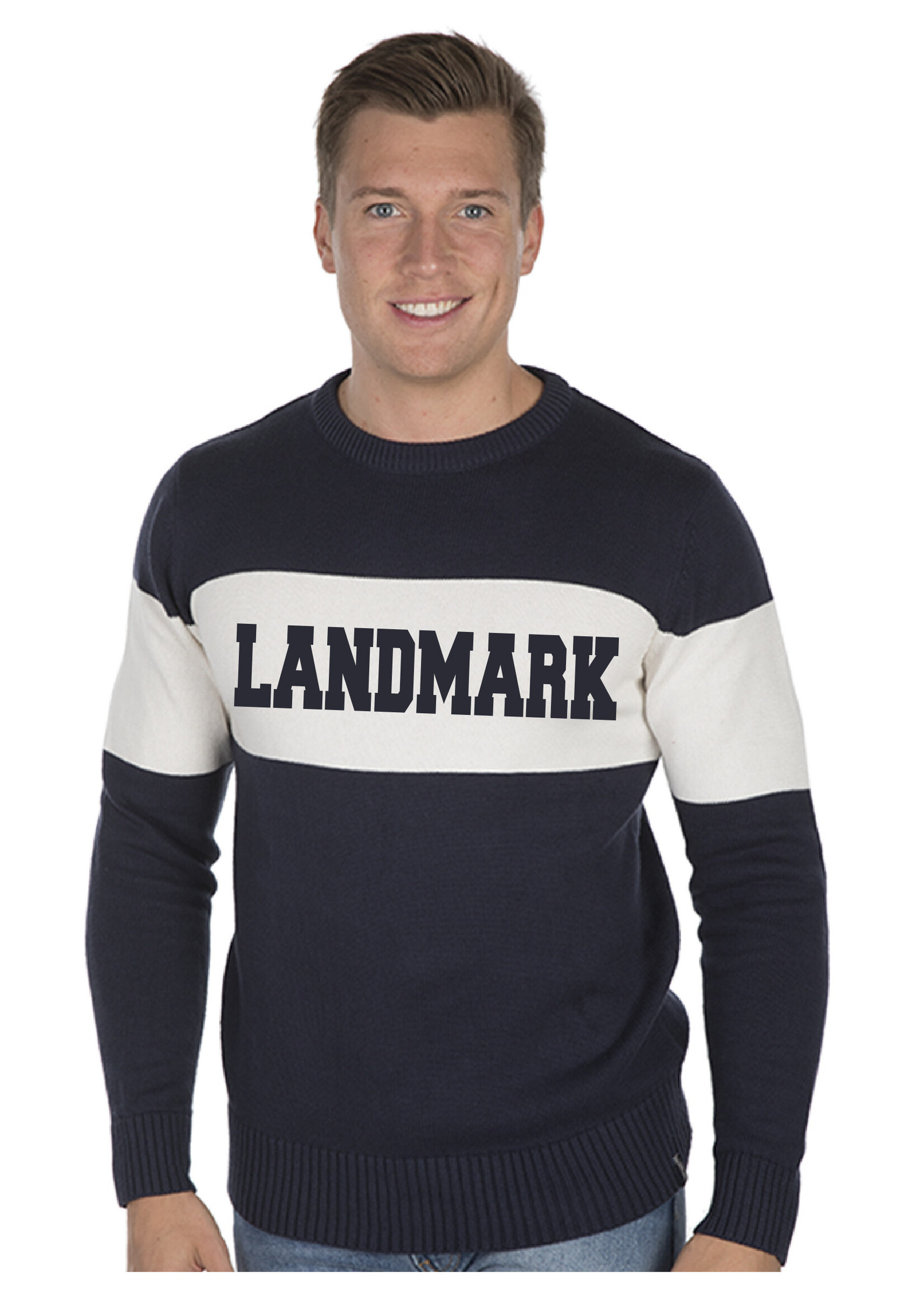 ADULT NAVY/WHITE BAR DOWN LANDMARK SWEATER