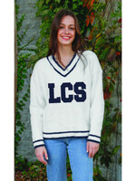 HER FUZZY V-NECK CREAM/NAVY SWEATER