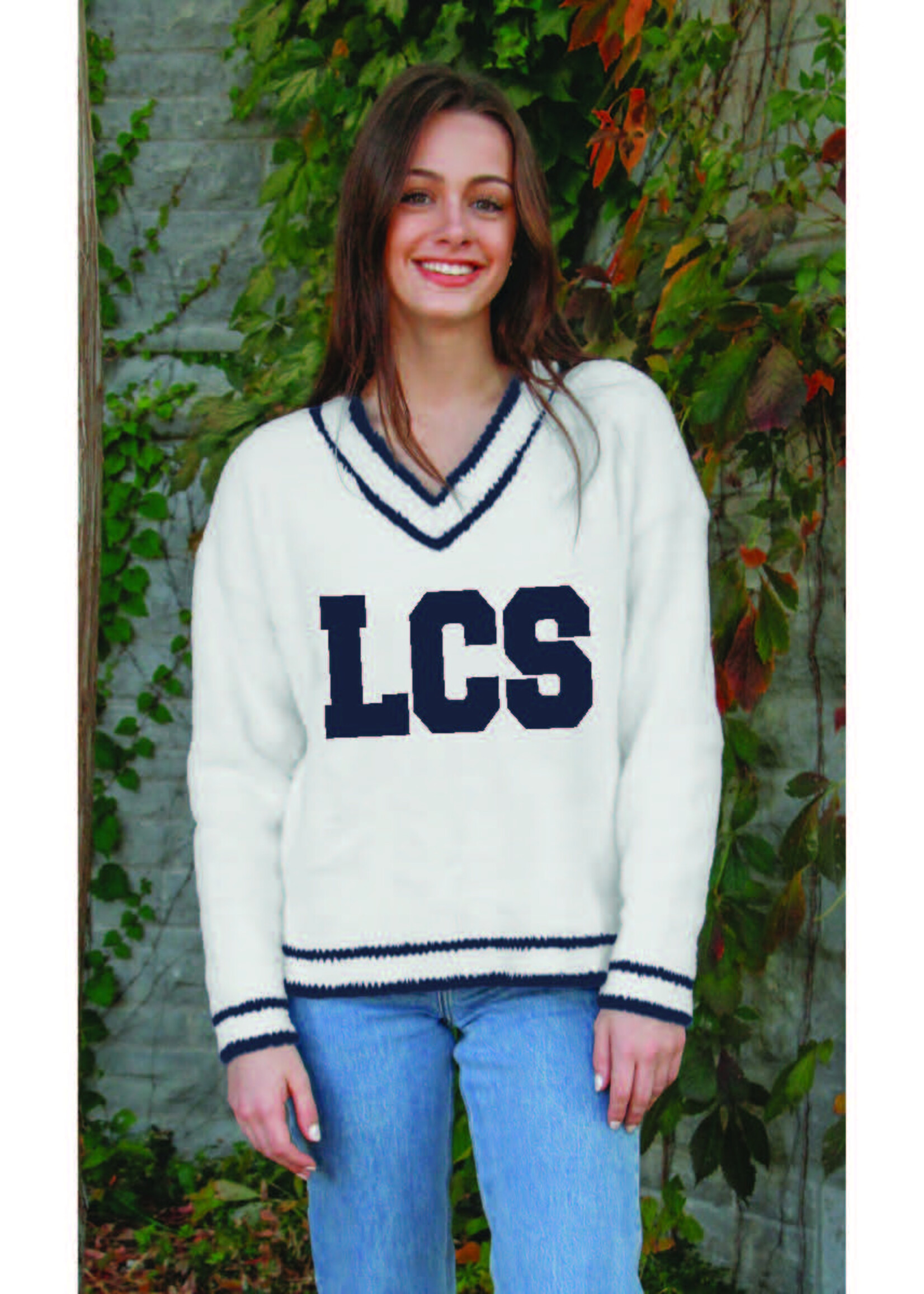 HER FUZZY V-NECK CREAM/NAVY SWEATER