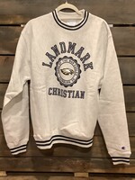 HEATHERED GREY REVERSE WEAVE CREWNECK SWEATSHIRT W/NAVY STRIPE TRIM