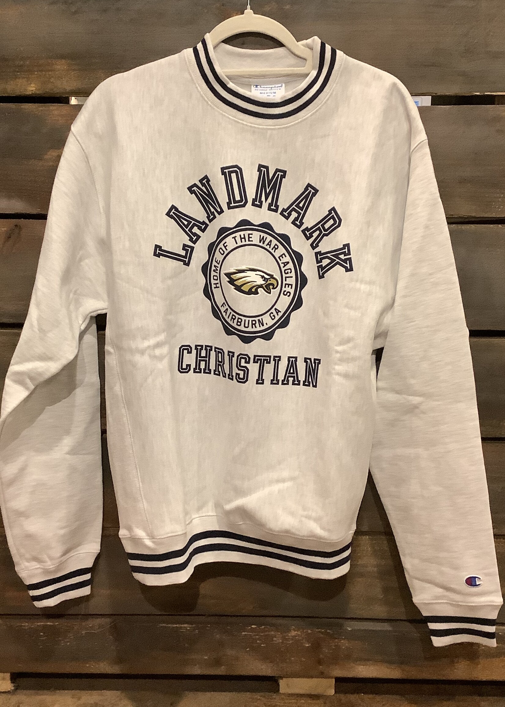 HEATHERED GREY REVERSE WEAVE CREWNECK SWEATSHIRT W/NAVY STRIPE TRIM