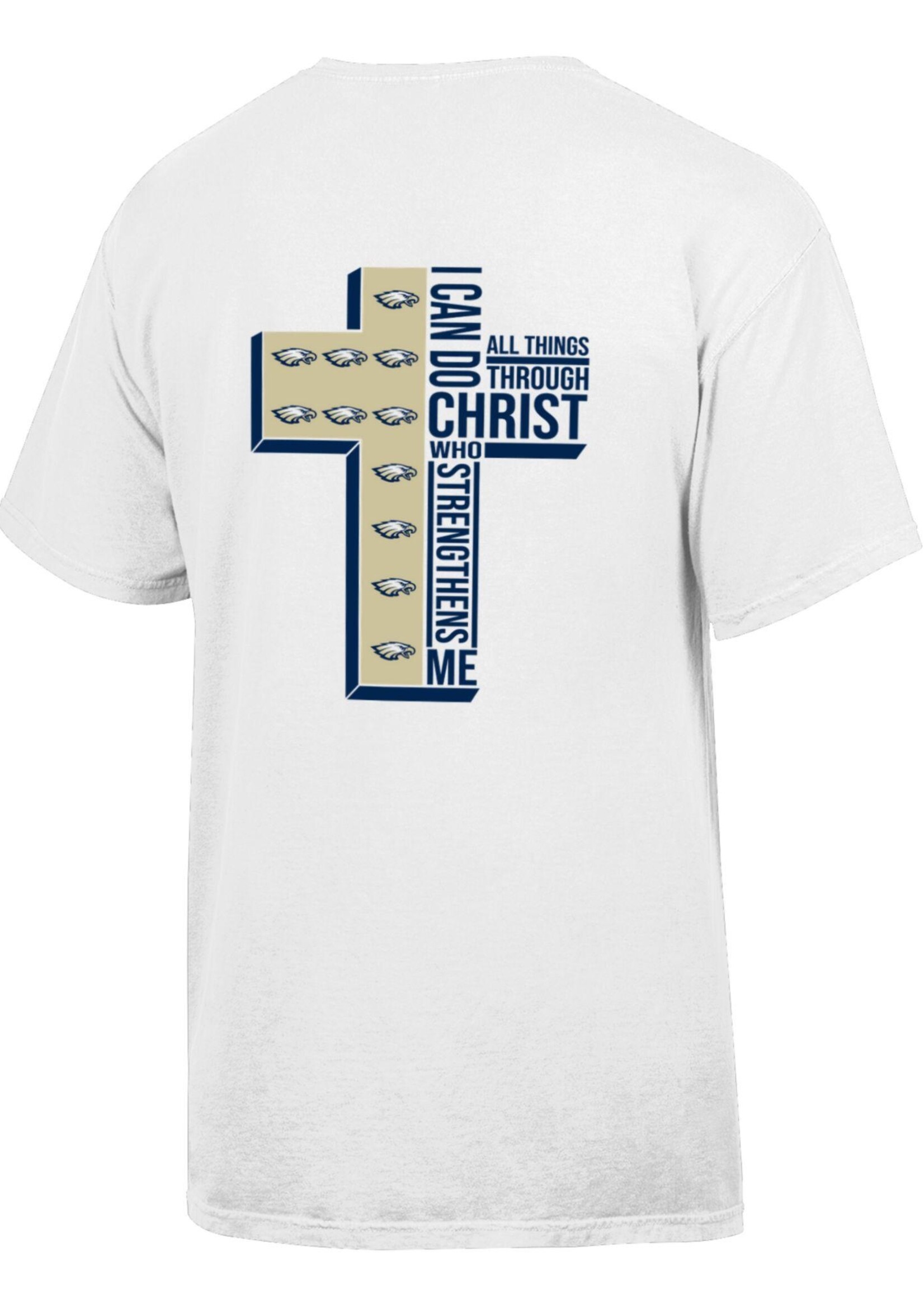 YOUTH COMFORT WASH WHITE TEE WITH SPLIT CROSS ON BACK OF TEE