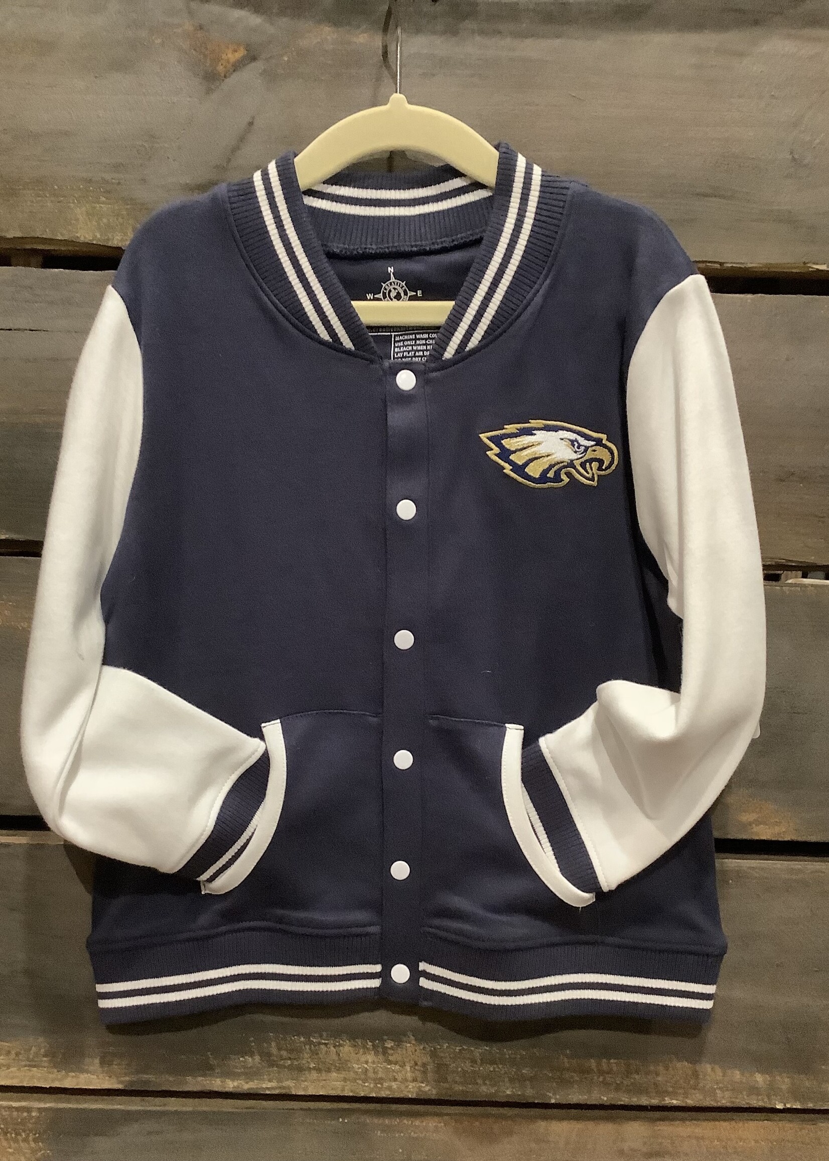 100% COTTON KNIT VARSITY JACKET IN NAVY AND WHITE